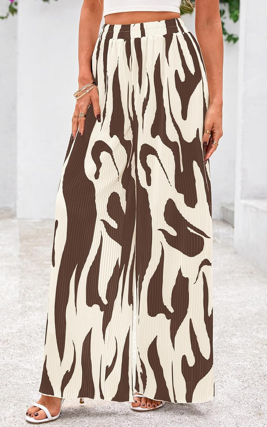 PRETTYGARDEN Womens Pants Dressy Casual Wide Leg Graphic Print Lounge Pants Women Comfy High Waist Pleated Palazzo Pants - Image 3