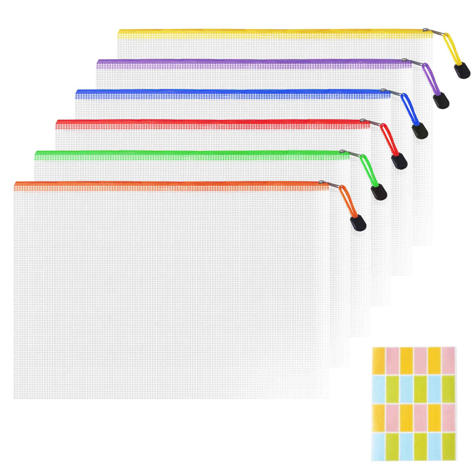 Plastic Wallets A4 Zip Folders - 6PCS Waterproof Zip Lock Bags Document Wallet Zipper File Bag Mesh Zipped Pouch Bags for School, Office, Home and Travel (6 Colors)