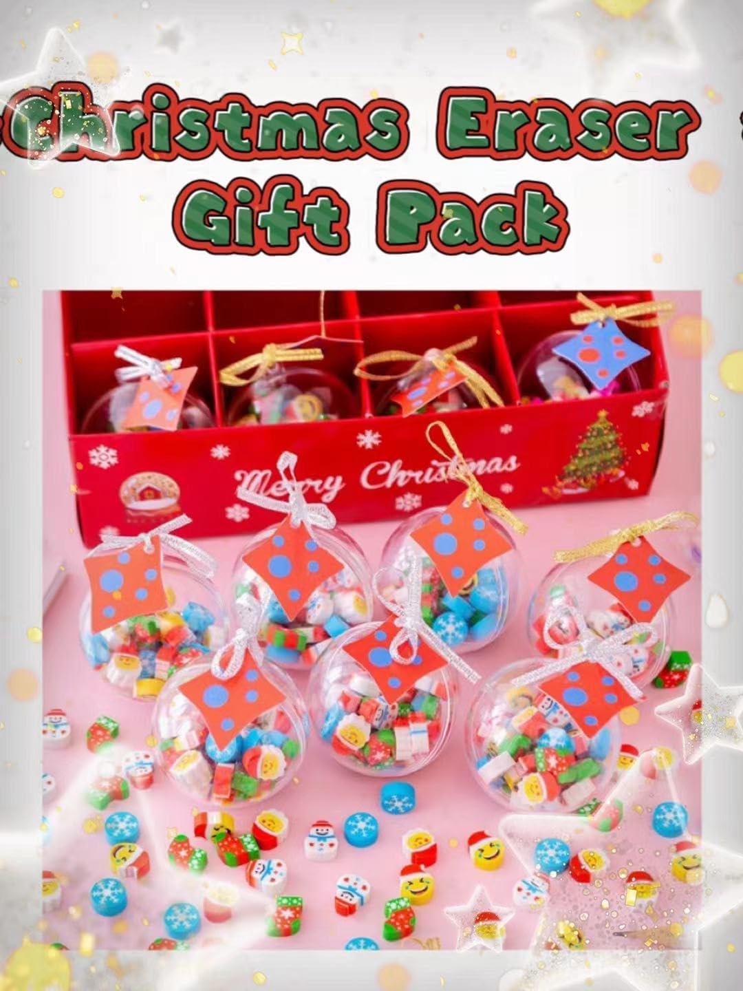 Cute Christmas Eraser 12 Balls, 1 Box Stocking Stuffers Cute Small Erasers Bulk for Xmas Party Favors Snow Christmas Tree Desk Decoration Accessory Pencil Erasers Nice Gift (Blue)