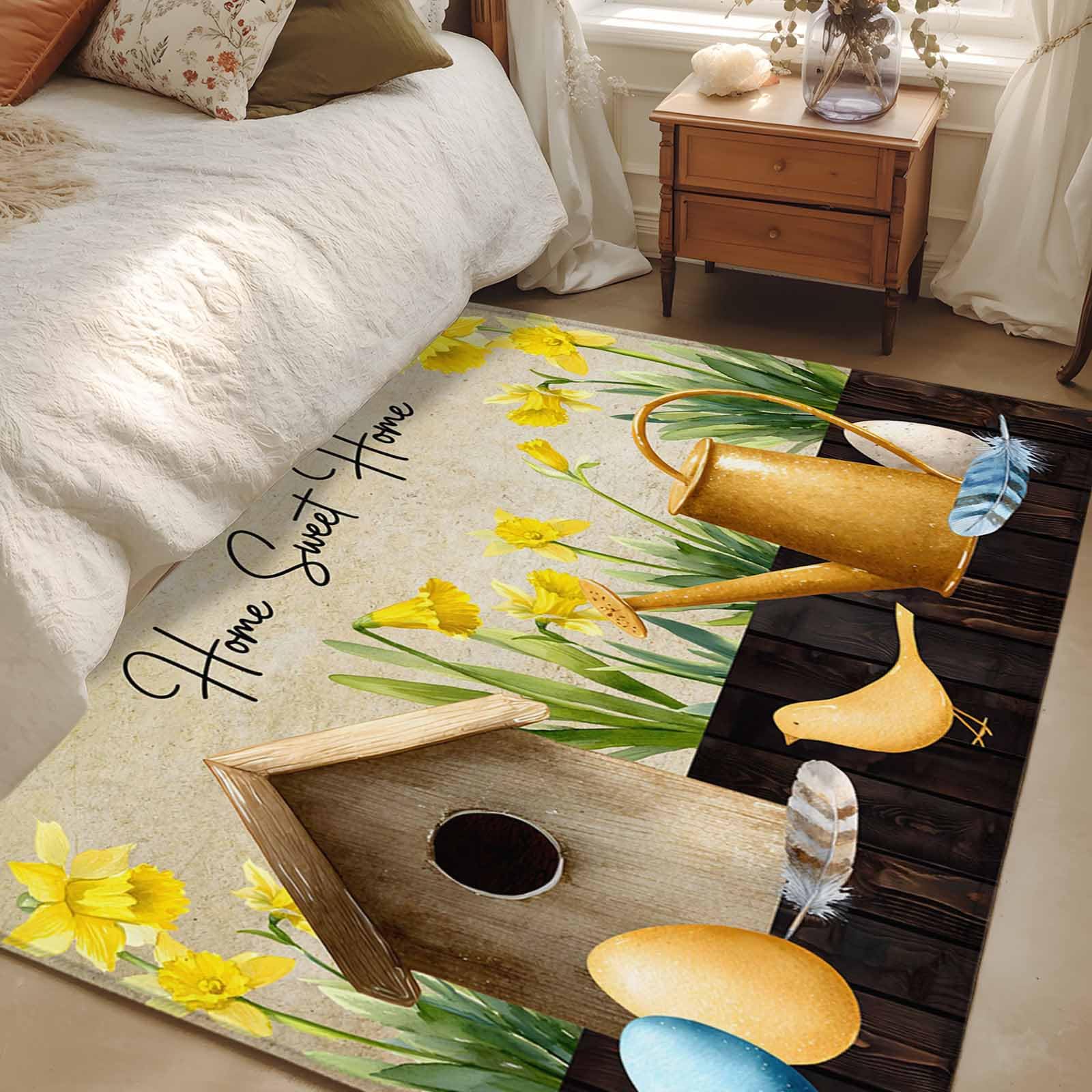 Area Rugs 3x5 for Living Room, Spring Non Slip Washable Rug Runner, Brown Vintage Birds Cages Eggs Flowers Herbs Low Pile Indoor Floor Carpet Mat Bathroom Rugs for Bedroom, Kids Room