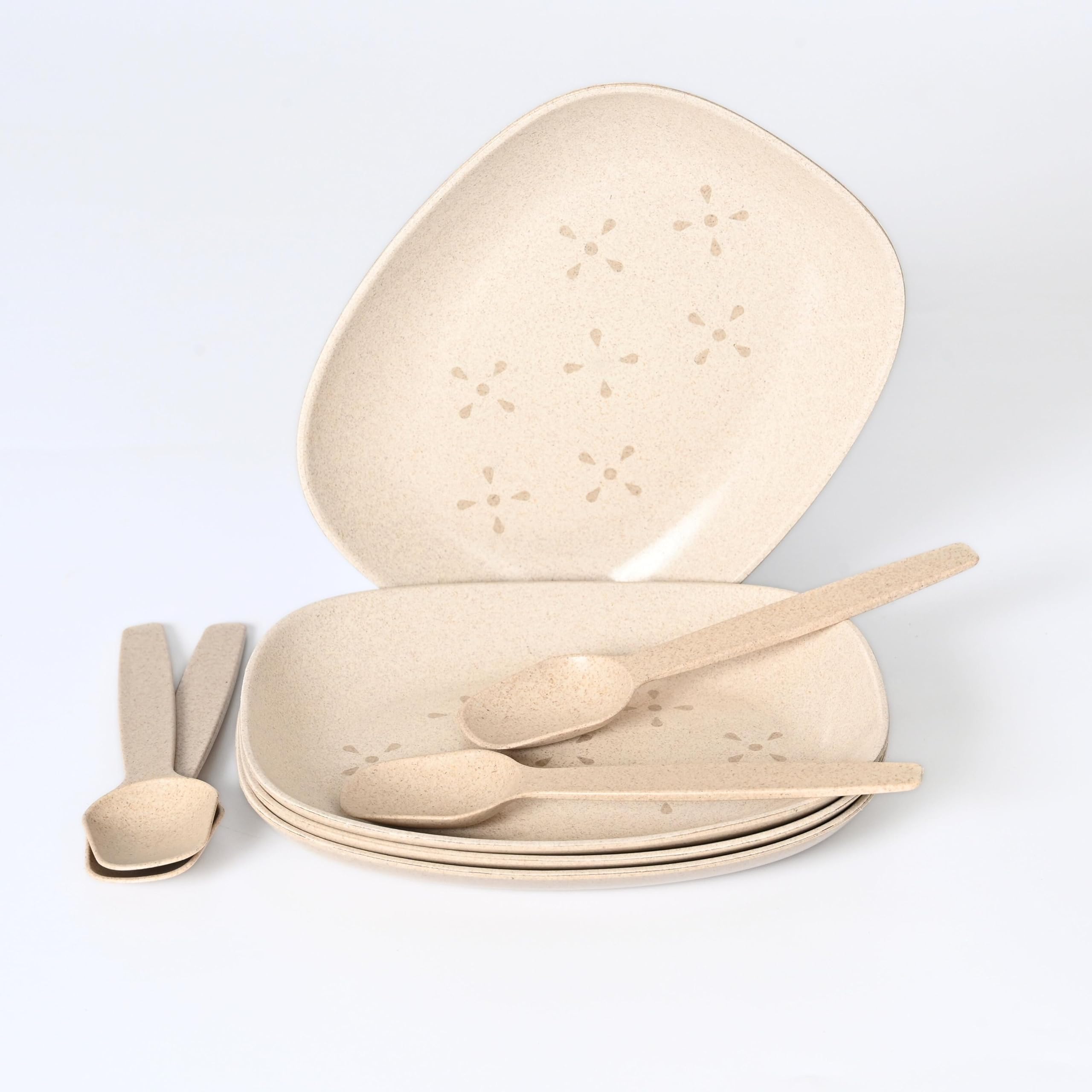 Eha Earth-Friendly Small Snack Serving Plates Set of 4 with Spoons | 6 inch | Small Snack Plates Made with Bamboo Fibers & Rice Husk Fiber | Microwave Safe | Dessert Plates | Sand Castle