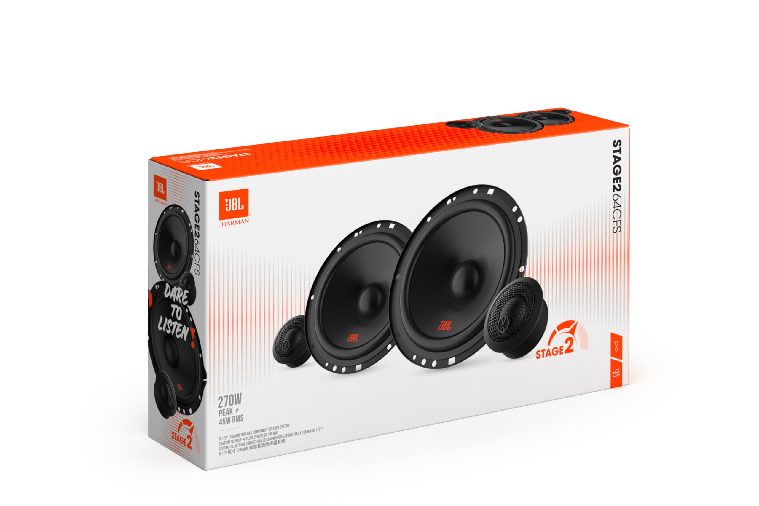 JBL Stage2 64CFS Gen2 2-Wege Komponentensystem 6,5 Zoll 45 W RMS, 270 W Peak, 4 Ω, 91 dB, Plus One™ Polypropylen-Woofer, PEI-Hochtöner, Slim-Design, Externe Frequenzweiche, einfache Installation