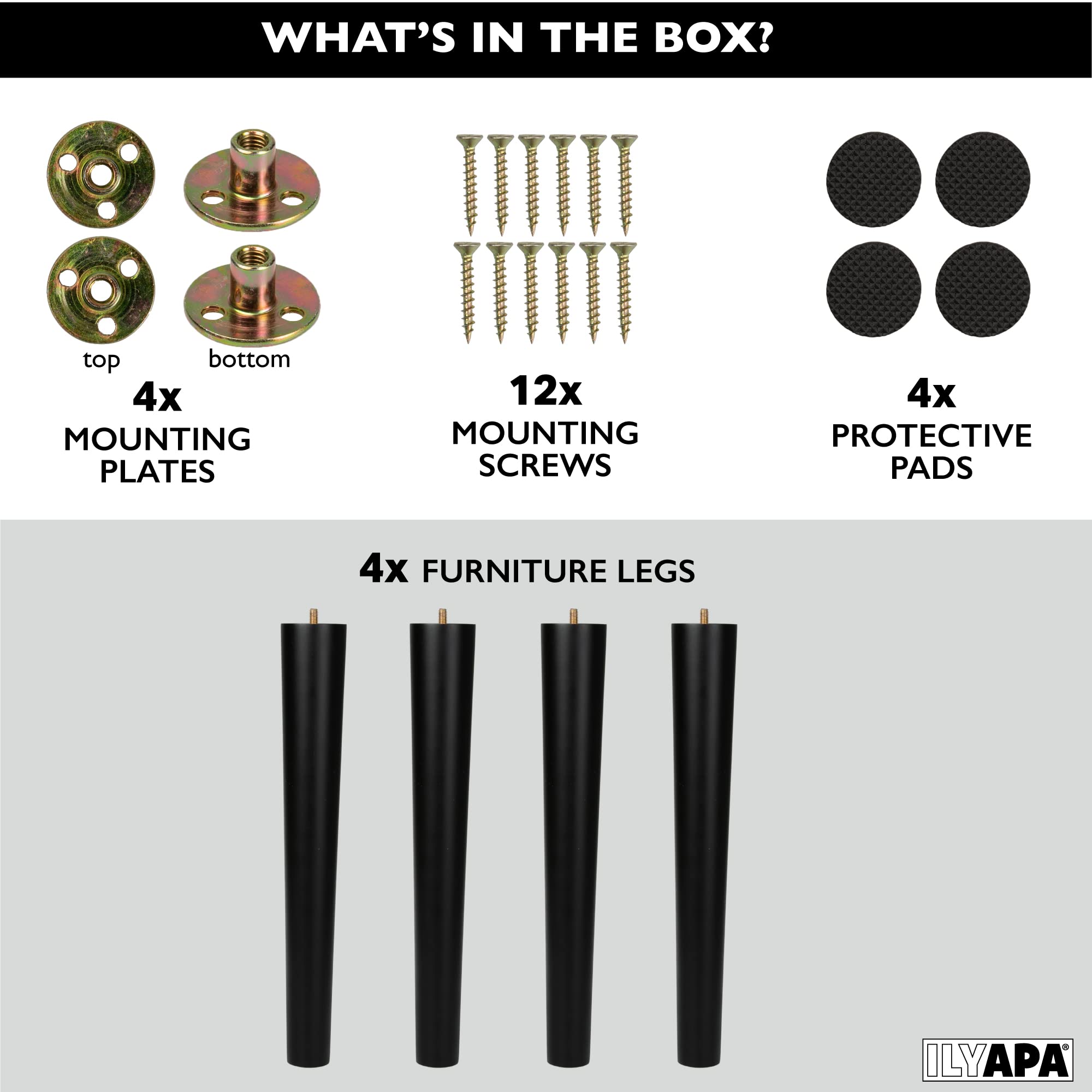 Ilyapa Wooden Furniture Feet - Set of 4 Black 16 Inch Tapered Replacement Furniture Leg for Chairs, Coffee Tables, Ottomans, Cabinets, End Tables