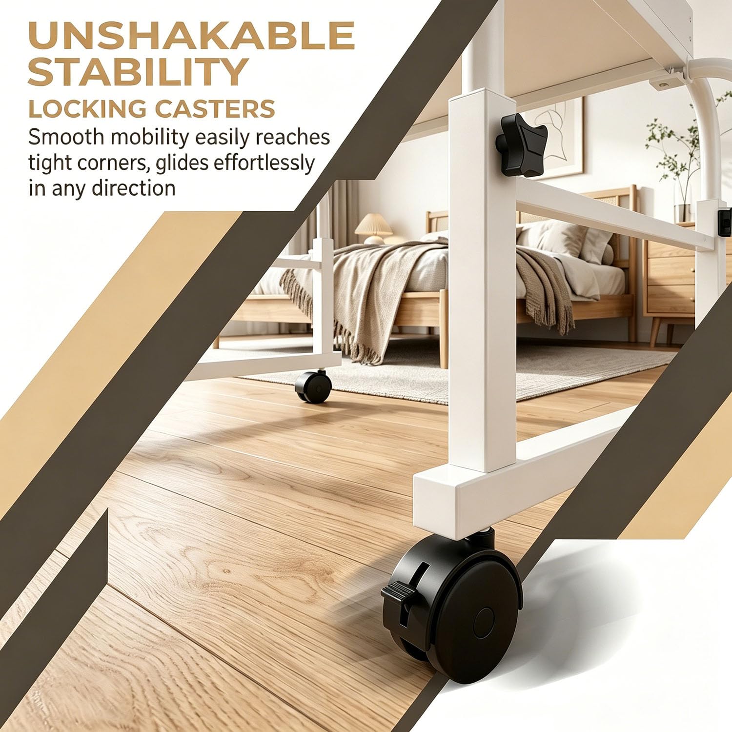 Mesa sobre Cama Regulable Altura Ruedas Portátil Ordenador | Ruedas con Bloqueo, Tope Anticaída, Superficie de Madera y Estructura Metálica; Perfecta para Trabajar o Comer en la Cama