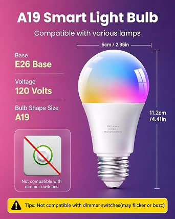 TJOY 4 Pack Smart Light Bulbs, Bluetooth WiFi Led Bulb Work with Alexa &Google Assistant, RGB Color Changing Alexa Bulbs, Music Sync, 2700K-6500K, 9W(60W Equivalent), A19 E26 800LM, 2.4Ghz WiFi only