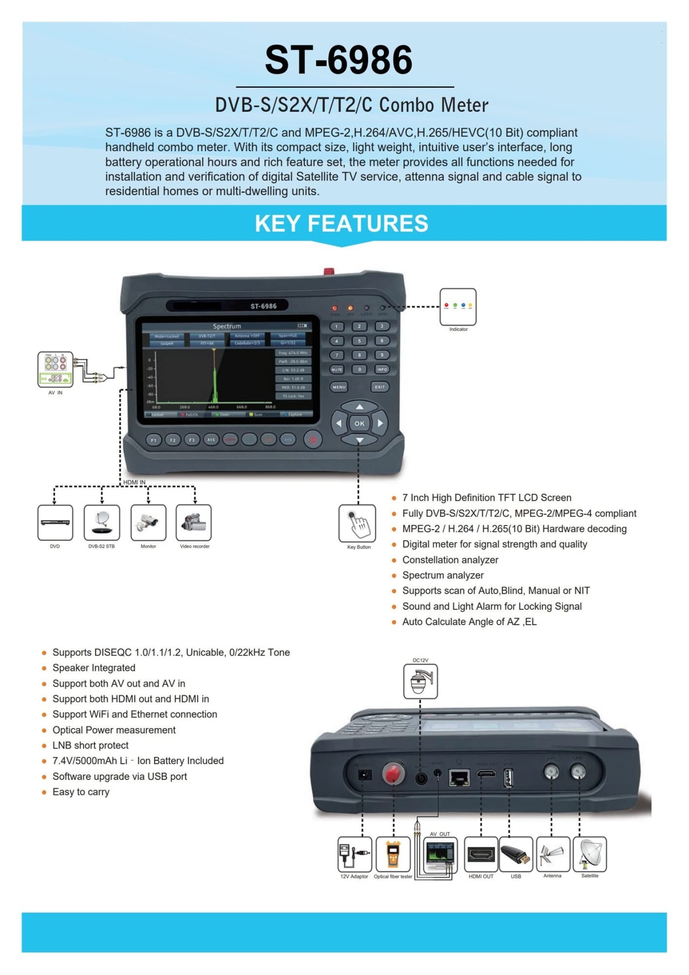 ST-6986 PRO DVB-S2/S, DVB-T/T2, DVB-C ST6986 Misuratore H.265 Hevc a 10 bit con tester for fibra ottica ST 6986 Vs WS-6980 ST-5150, Localizzatore satellitare