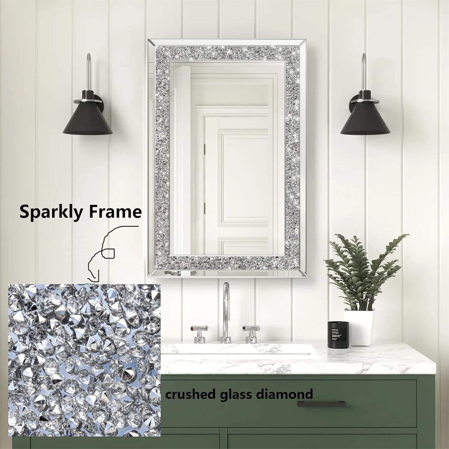 SHYFOY Crushed Diamond Mirrors for Wall Decor, 35.4x23.6 Decorative Mirror Rectangle Hanging Mirrors Large for Living Room Crystal Wall-Mounted Mirror Silver