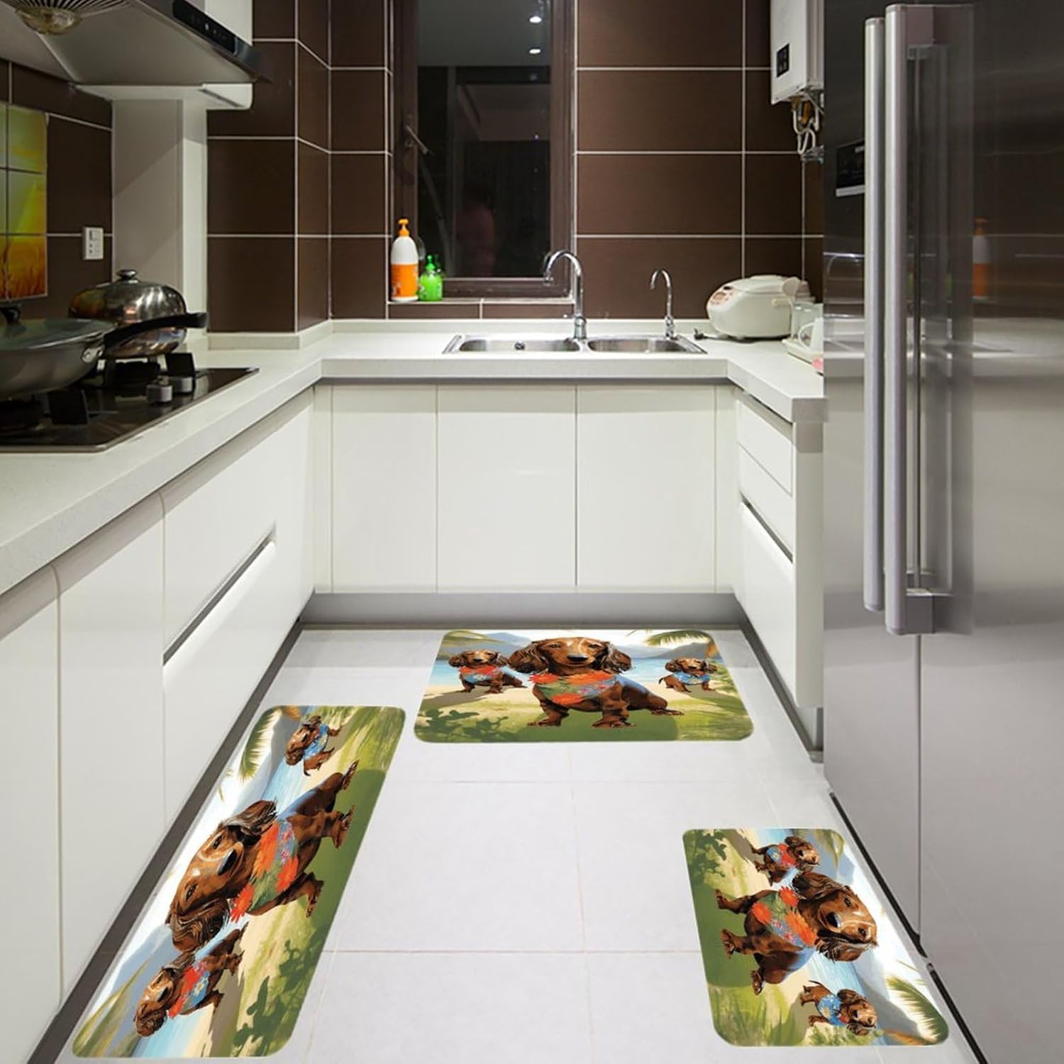 Dachshund Tropical Painting Art Kitchen Mats Soft Absorbent Rugs for Floor Non Slip Washable Kitchen Mats Fashion Rectangular Rugs for Three-Piece Set for Laundry Office Home Sink