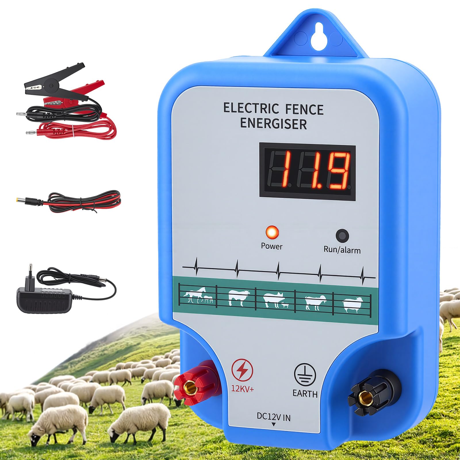Weidezaungerät 12V – 10 Km Reichweite, 2 Joule, 12 KV, LED, IP44, Für Tiere & Gärten