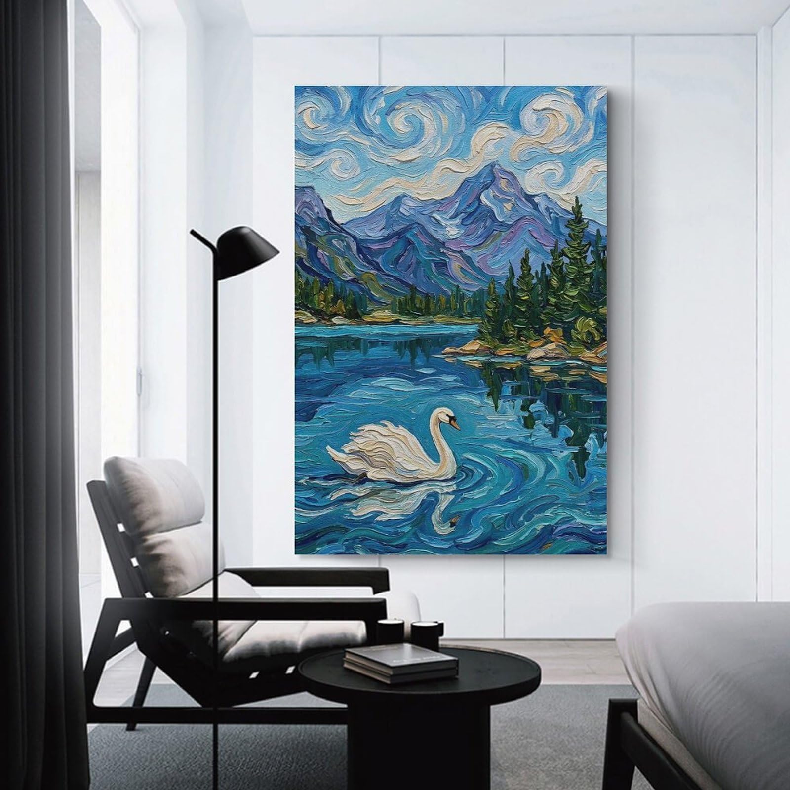 Swan on A Lake with Mountains Wall Picture Print, 20x30inch(50x75cm), for Art Walls, Layered Displays Or Homes, Home Wall Art for Statement Displays