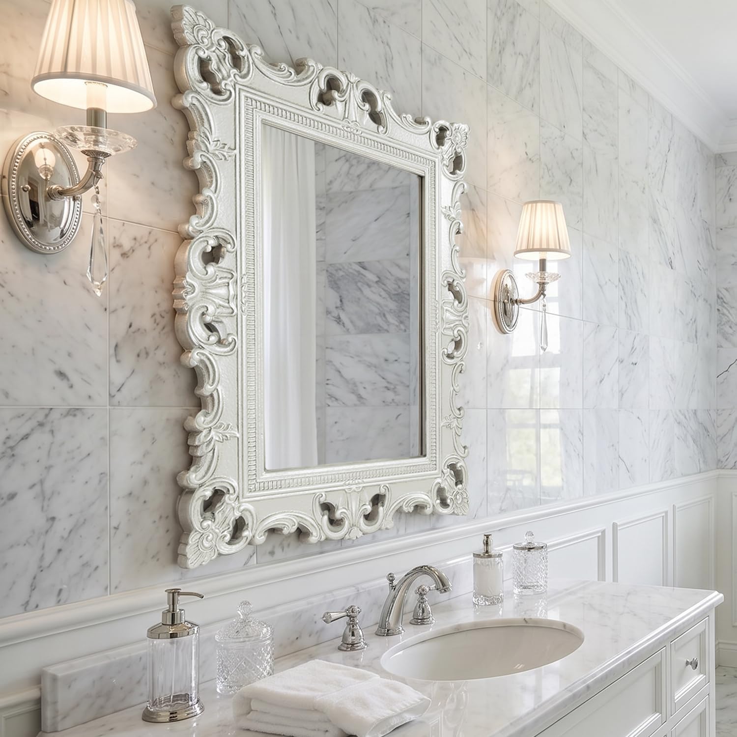 Vintage Baroque White Wall Mirror, Ornate 3D Embossed Carved Frame, Handcrafted European Style Decorative Mirror, Distressed Antique White Finish for Living Room Bedroom Hallway Bathroom Vanity