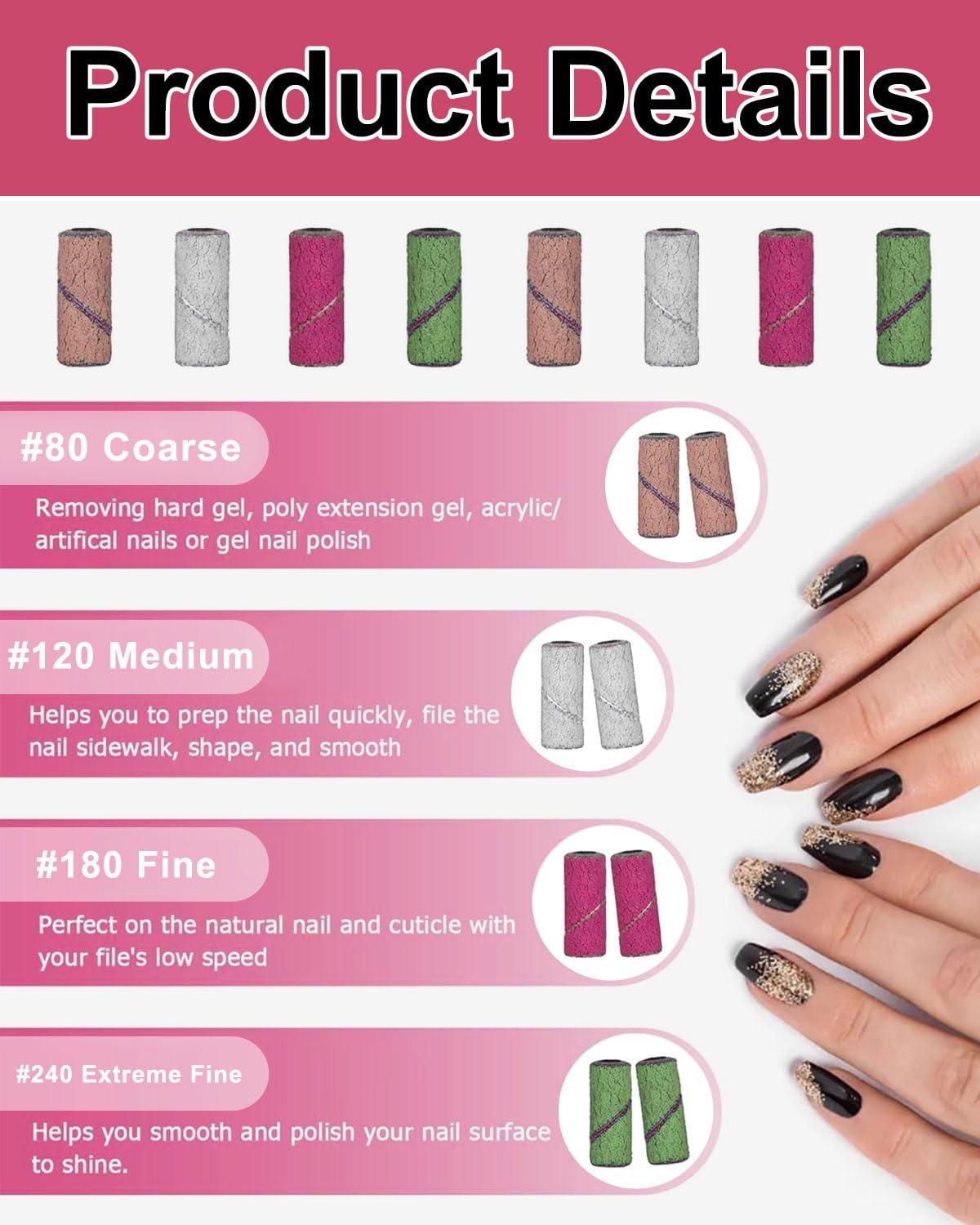 Fresa per Unghie,60 Pcs Abrasivi Fresa Unghie Professionale con 1 Punte,Granulometria 80/120/180/240,Accessoriunghie per Manicure e Pedicure(4 Colori B)