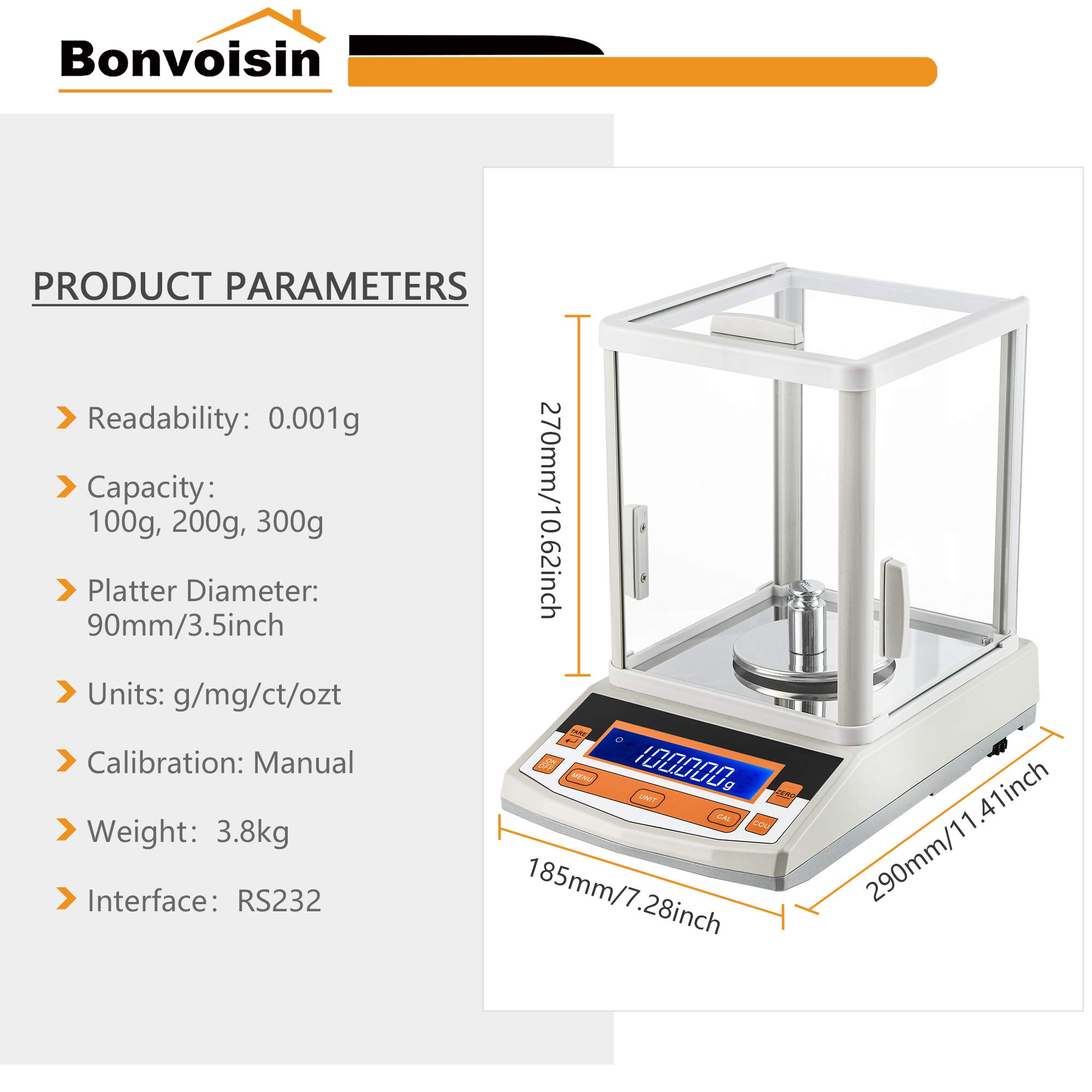 Bonvoisin Analytische Waage, 100 g x 1 mg, Präzisions-Laborwaage, 0,001 g, digitale Analysewaage, RS232-Schnittstelle, elektronische Waage, LCD-Anzeige mit Windschutzscheibe (100 g, 1 mg)