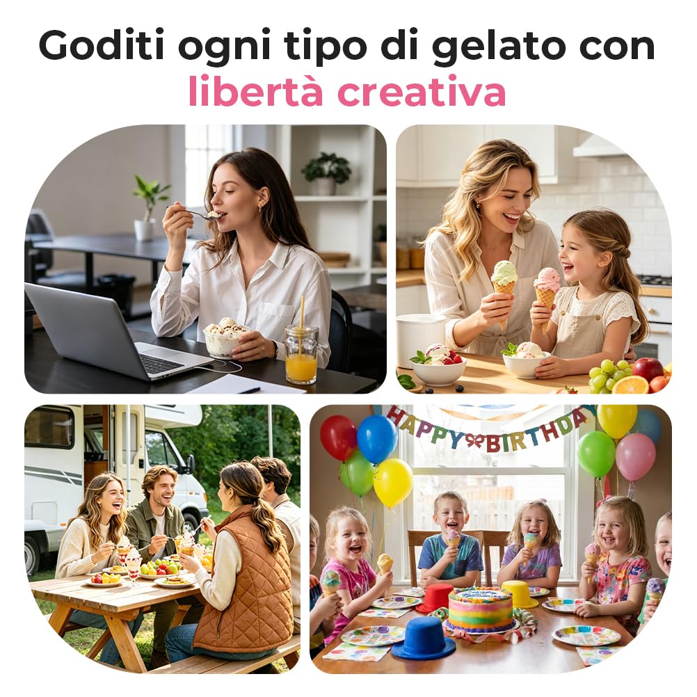 Gelatiera 2L Macchina Gelato Acciaio con Copertura Trasparente per la Visualizzazione, Paletta Gelato Speciale e Ricettario, per Fare il Gelato e lo Yogurt, Sorbetto