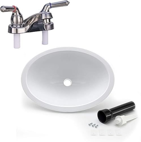 RecPro Fregadero ovalado para autocaravana  10 x 13 pulgadas  Blanco  Con grifo