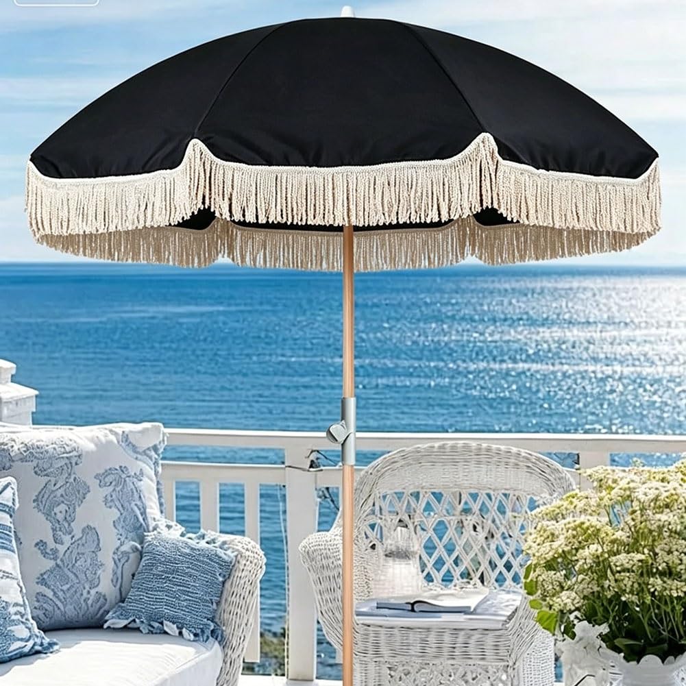 200 cm Czarny Parasol Plażowy Boho z Frędzlami, Składany Parasol Ogrodowy Ochrona UV z Drewnianym Drążkiem do Stołu, Basenu, Tarasowy