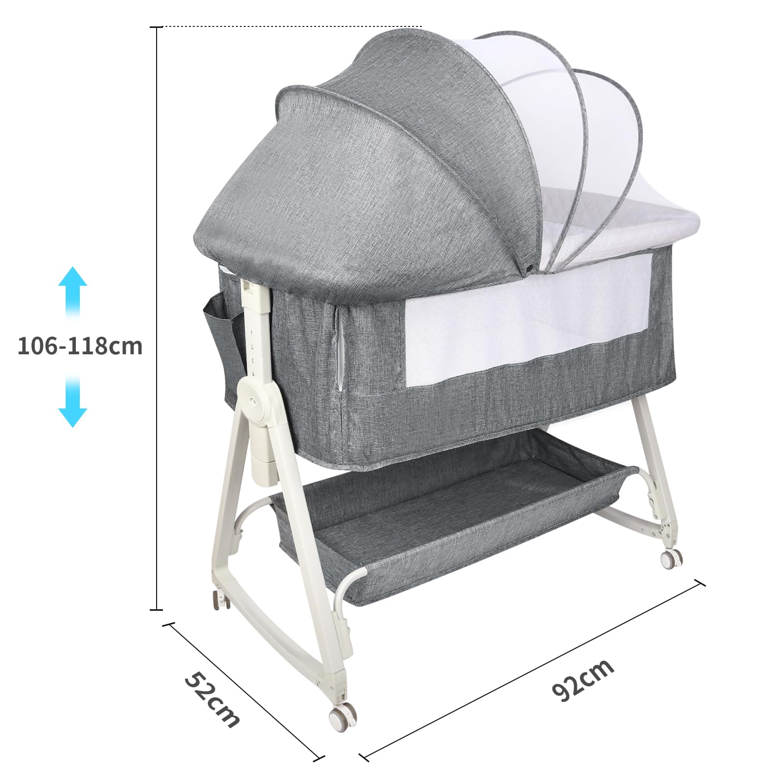 HUOLE 3 in 1 Berceau Cododo avec Matelas et Moustiquaire, lit bébé Portable avec roulettes, 92x52x106-118 cm Gris Lin