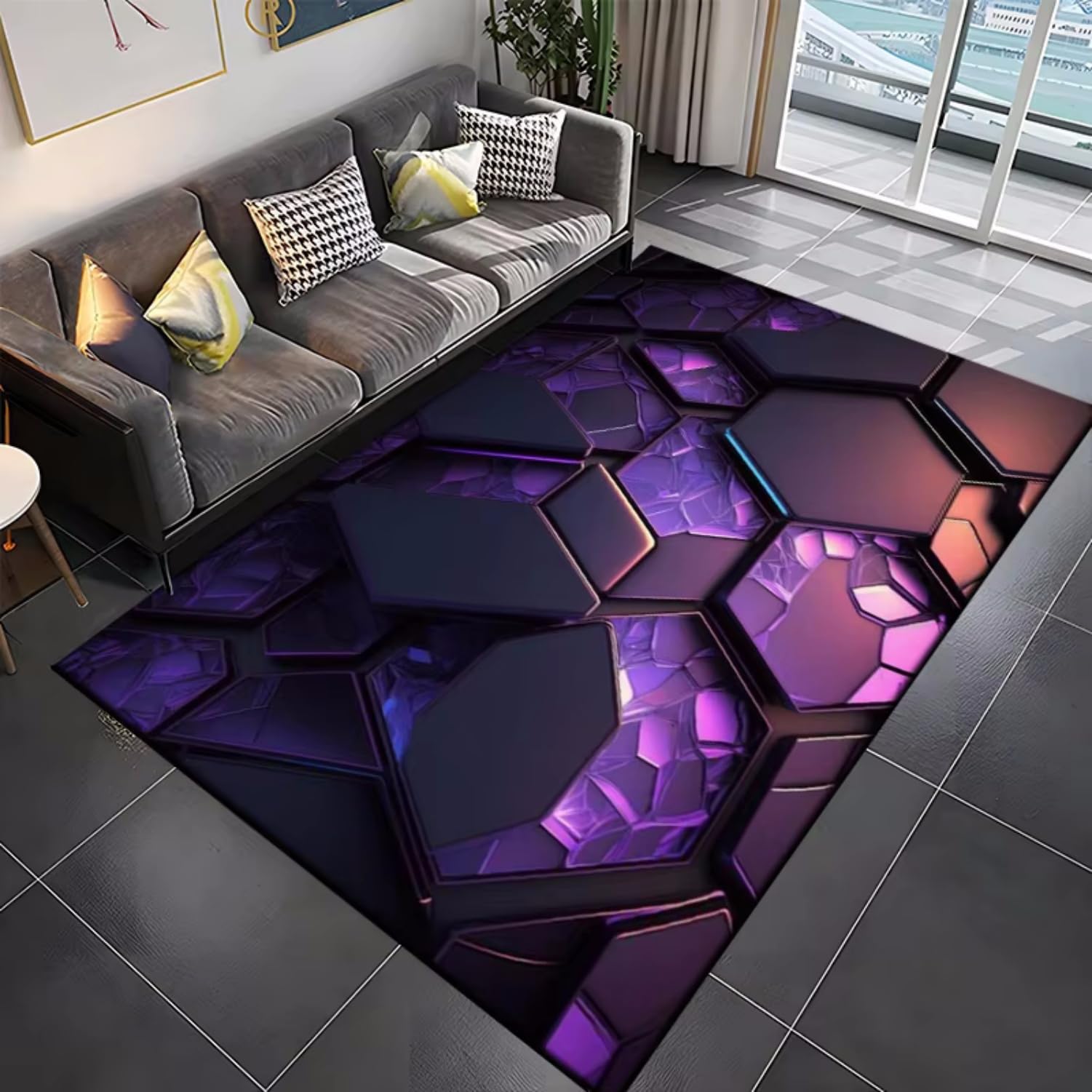 Tappeti 3D Geometrici al Neon per Sala Giochi Sport,Tappetini Insonorizzanti per Sedie da eSport,Tappeti per Soggiorno,Camera da Letto Ufficio,Decorazione per la Casa (Purple Black,160x230 cm)