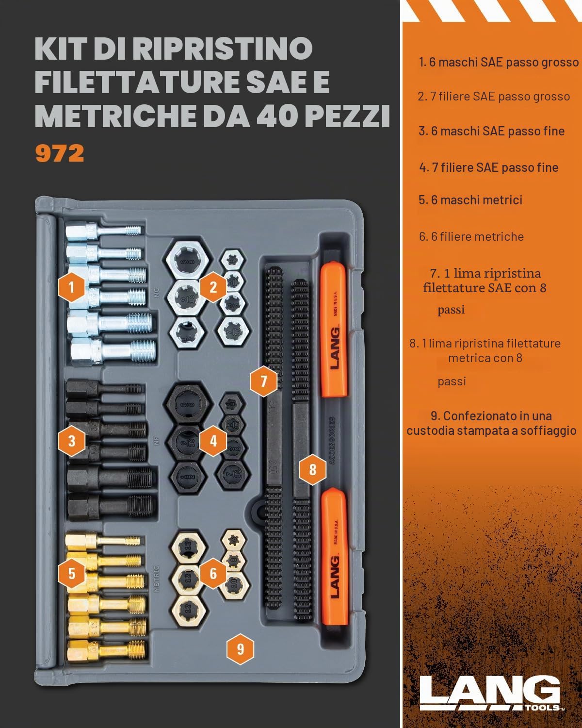 Lang 972 40 Piece Fractional And Metric Thread Restorer Kit