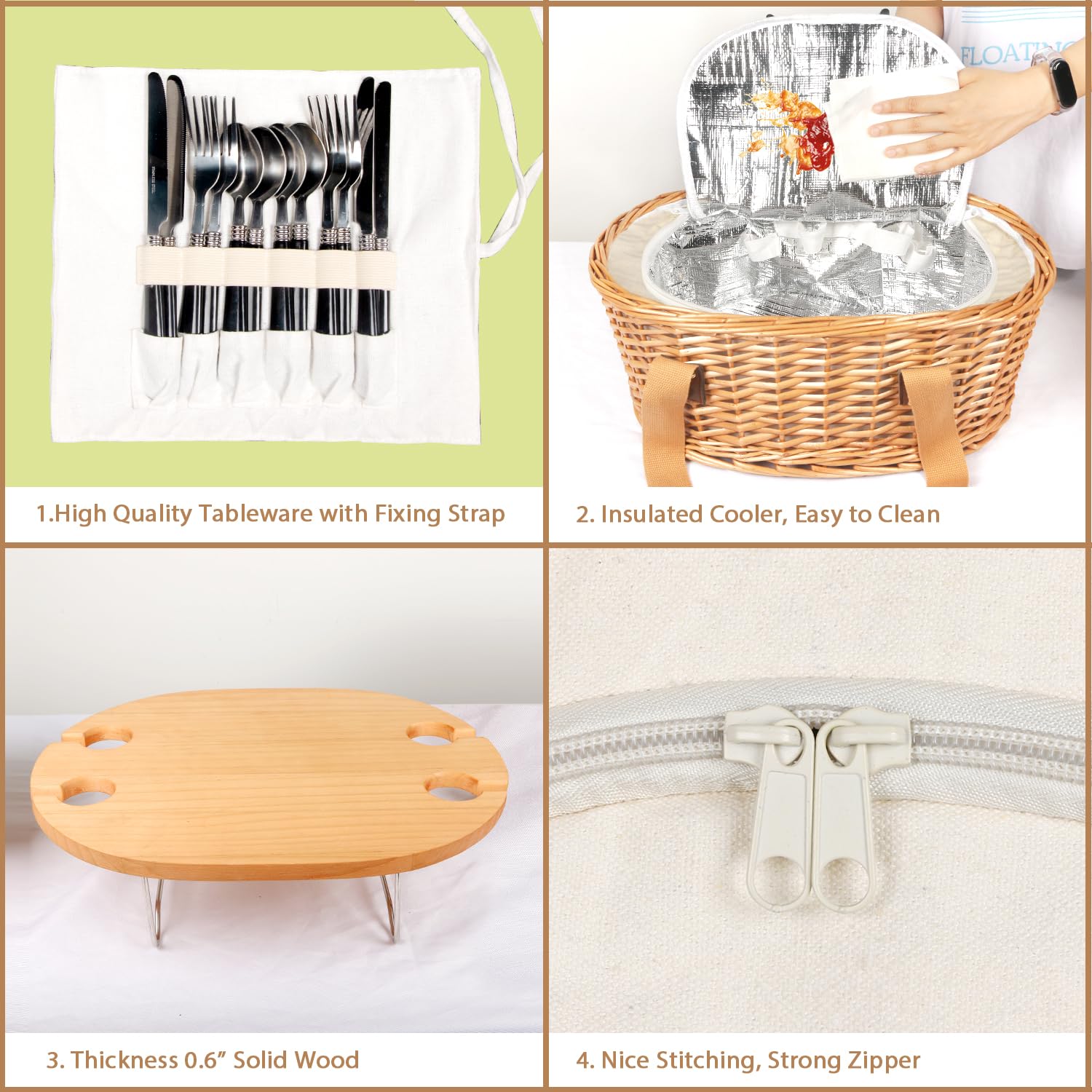Hap Tim Juego De Cesta De Picnic De Mimbre Para 4 Personas Con Mesa Plegable Y Bolsa Térmica Aislada - Incluye Cubiertos, Copas Y Abrebotellas | Regalo Original
