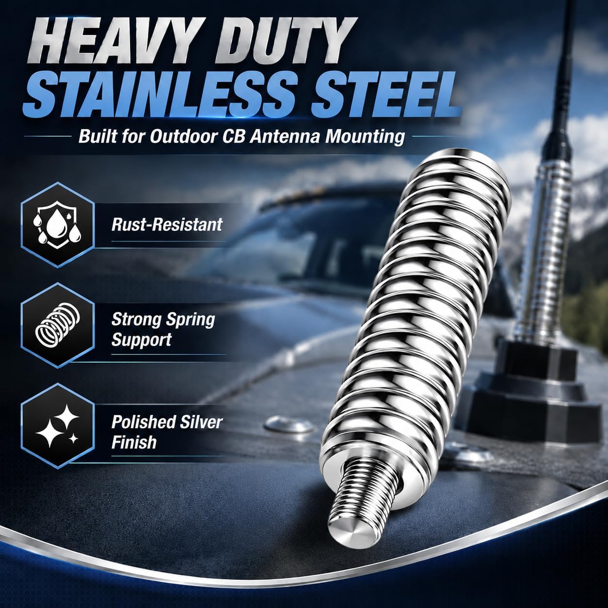 Wadoy SS-3H CB Antenna Mount, Stainless Steel Heavy Duty Spring for Mobile/in-Vehicle CB Radio, Fits Antennas Up to 60" Long and 3/8", 24 Threads - 305311SS