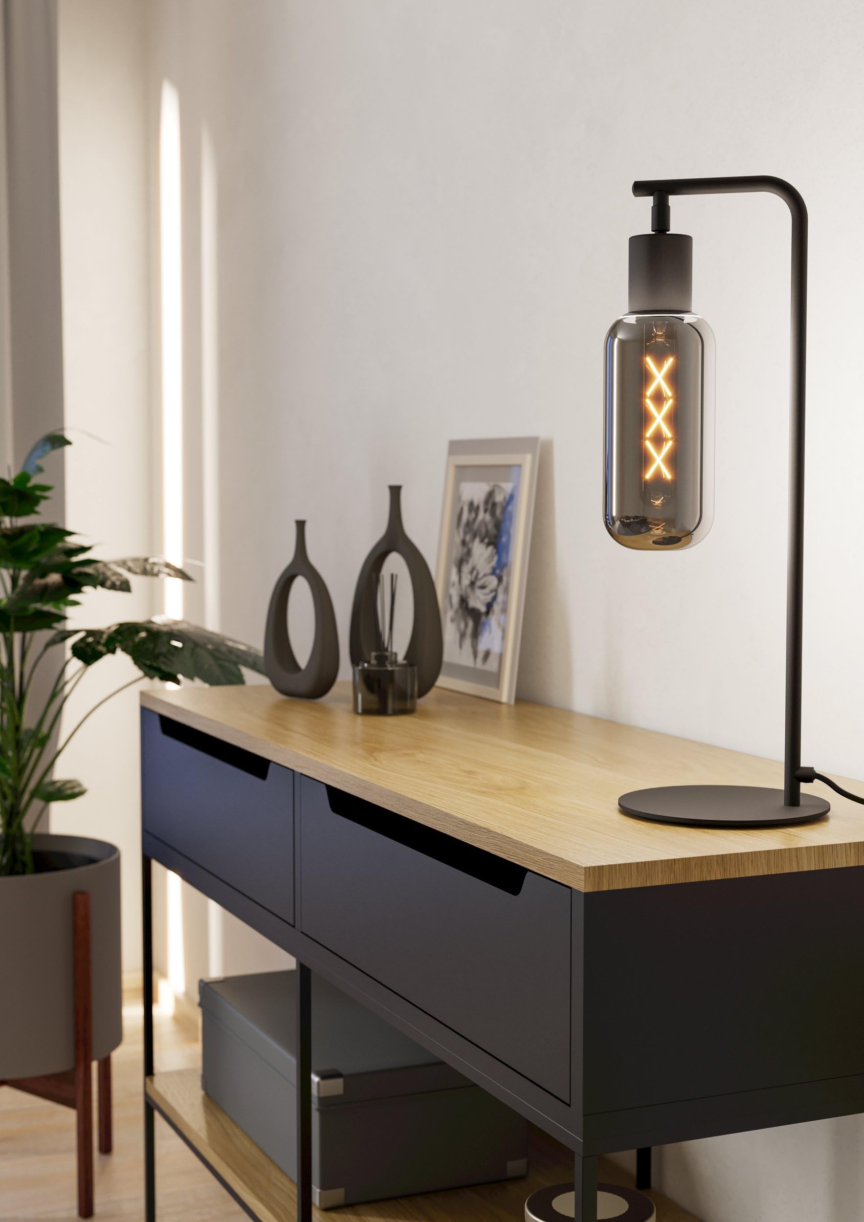 EGLO Lampa stołowa Maione, lampka nocna z kloszem z przydymionego szkła | metalowa czarna, szara powłoka, gwint E27, wysokość 50,5 cm