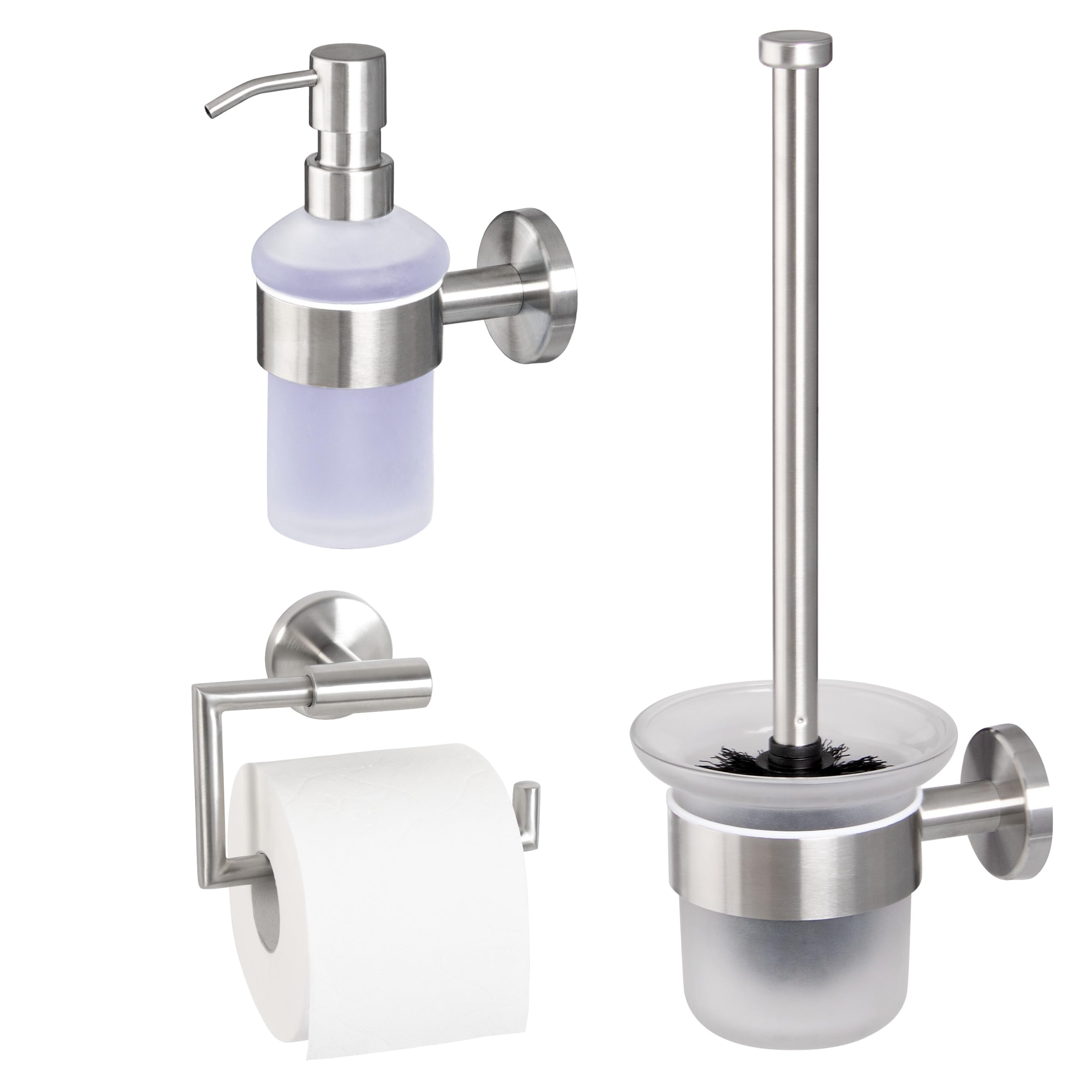 bremermann Bad-Serie Piazza - Badezimmer Zubehör-Set 3tlg. bestehend aus 1x Toilettenpapierhalter 1x WC-Garnitur und 1x Seifenspender, Badaccessoires aus Edelstahl matt