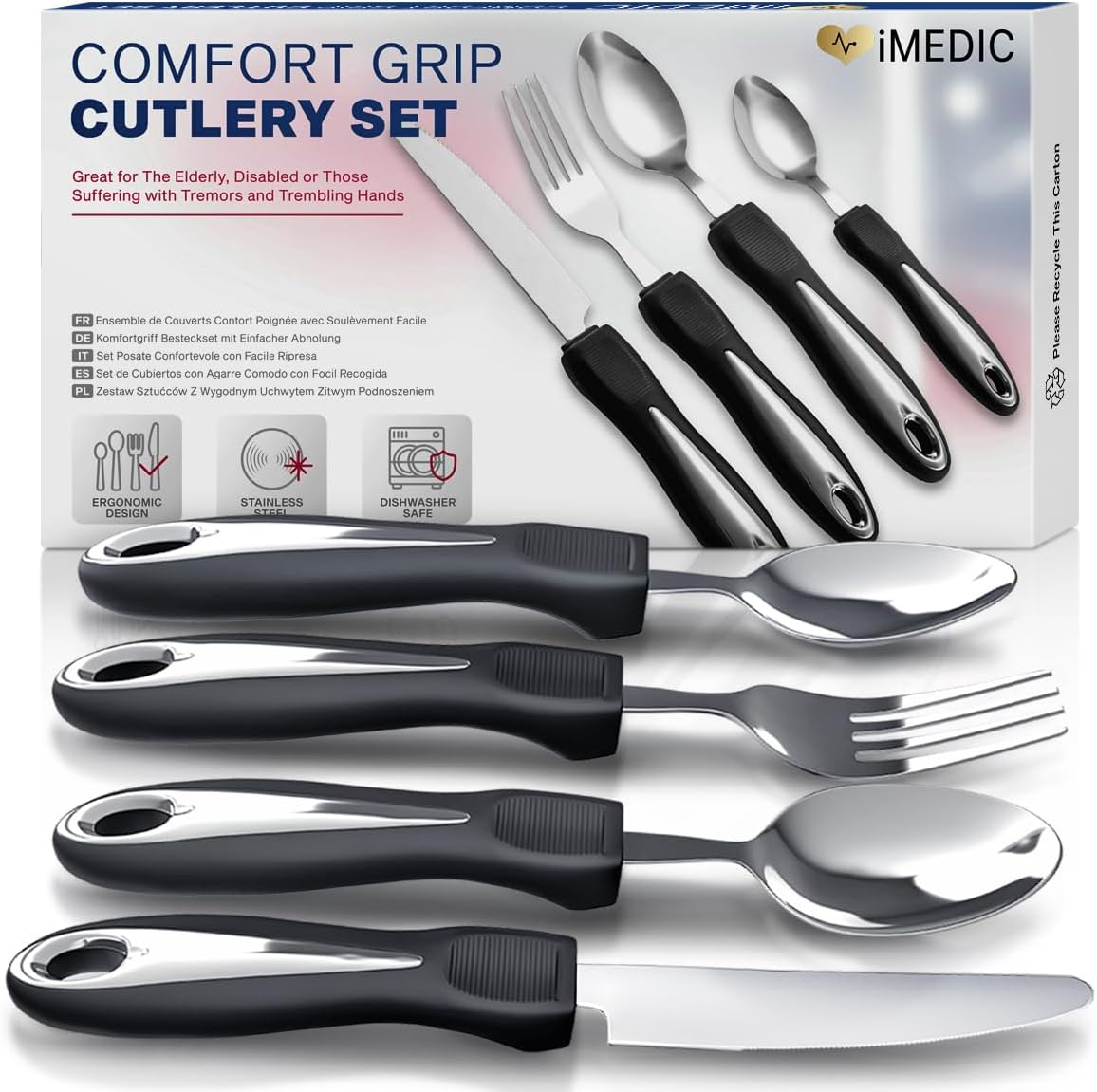 iMedic Easy Grip Cutlery for Arthritic Hands Silver/Black (1 Pack) – Adaptive Utensils Designed to Support Disabled Adults – Weighted Tableware Set – Caring Aid for Tremors, Parkinson’s