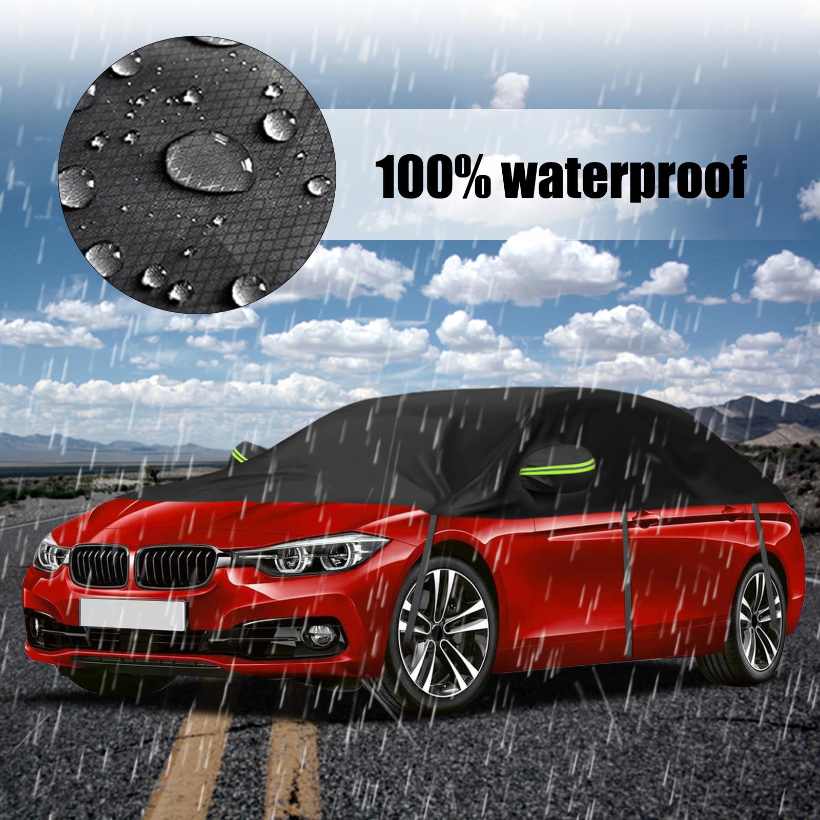 Universelle Halbgarage für Autos 323 * 150 * 49cm, Autoabdeckung Wasserdicht Ersatz für BMW 3 Series, Ersatz für Porsche 911, Autoplane Halbabdeckung für Allwetter, UV-Beständige Vollgarage Regen