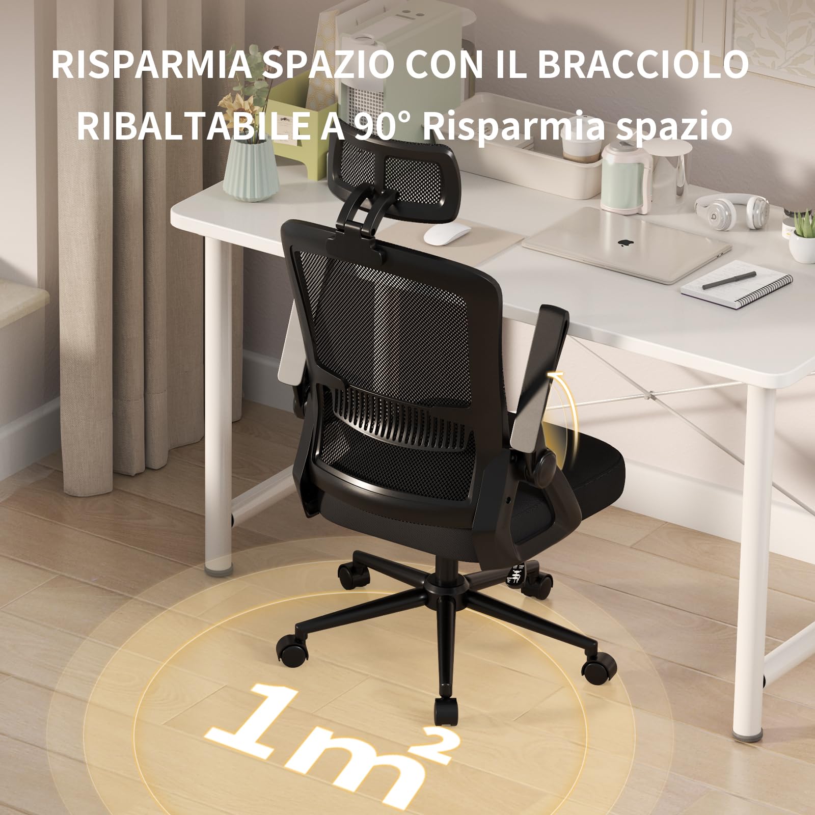 naspaluro Sedia da Ufficio Scrivania Ergonomica, Con Braccioli Pieghevoli, Altezza Regolabile, Seduta e Schienale in Rete Respirante, Girevole con Ruote, Funzione Oscillante Nera