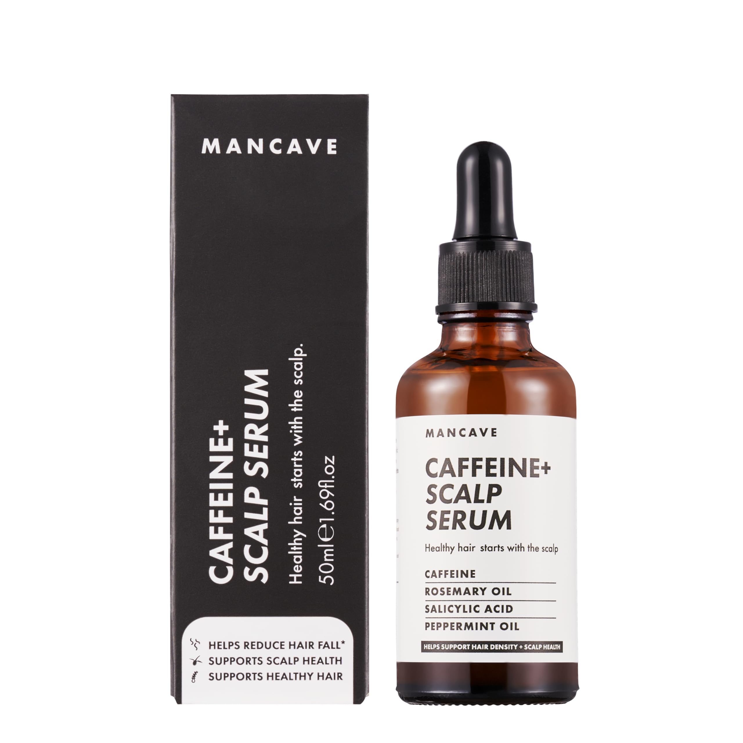 ManCave Caffeine+ Scalp Serum for Men, Stimulates and Nourishes with Caffeine and Rosemary Oil, Exfoliates Dry, Flaky Scalp with Salicylic Acid, Natural, Vegan, Cruelty Free, 50 ml