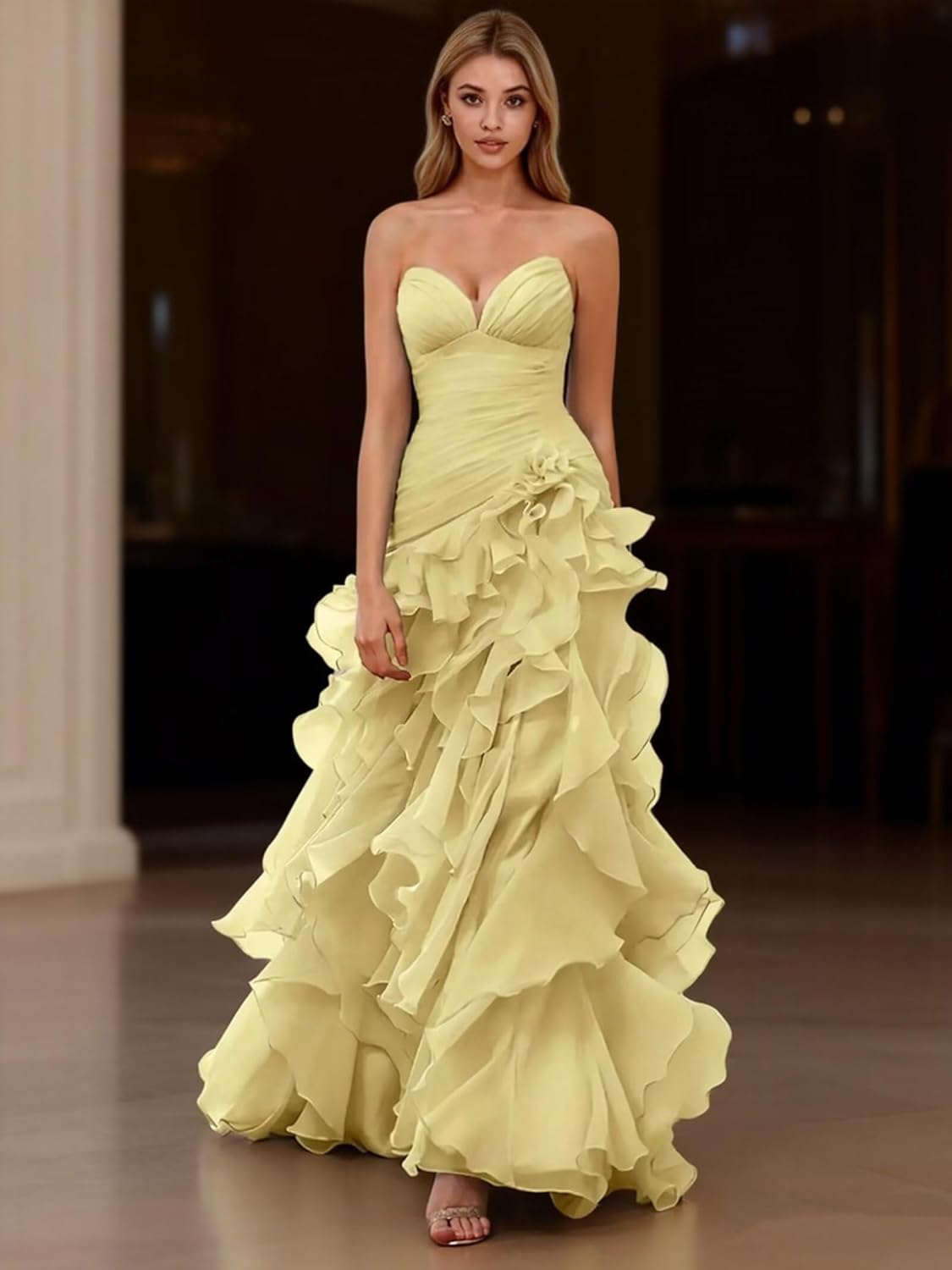 Strapless Ruffle Chiffon Evening Gown High Slit Sweetheart Neck Formal Prom Dress for Women