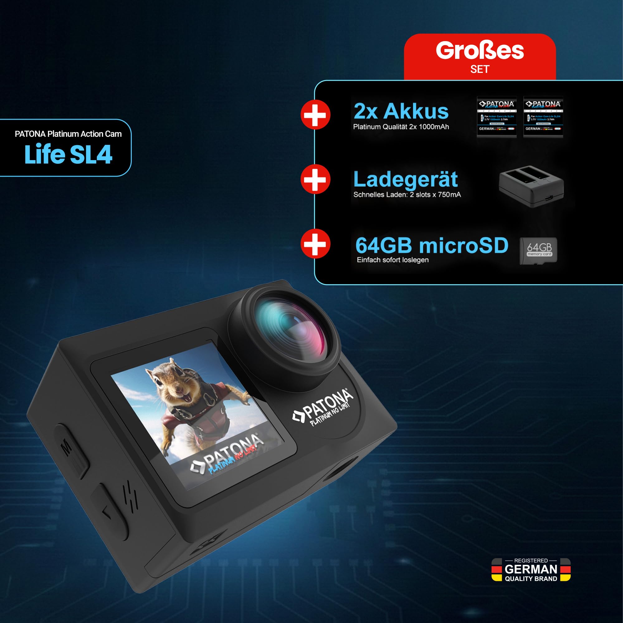 PATONA Action Cam Life SL4 | 5K 120fps 64MP EIS | 120° Weitwinkel Videokamera | Dual Screen Kamera | Fernbedienung | Bis 30m Unterwasserkamera | Lautsprecher |6G Akkus+Dualladegerät+64GB Karte+Zubehör