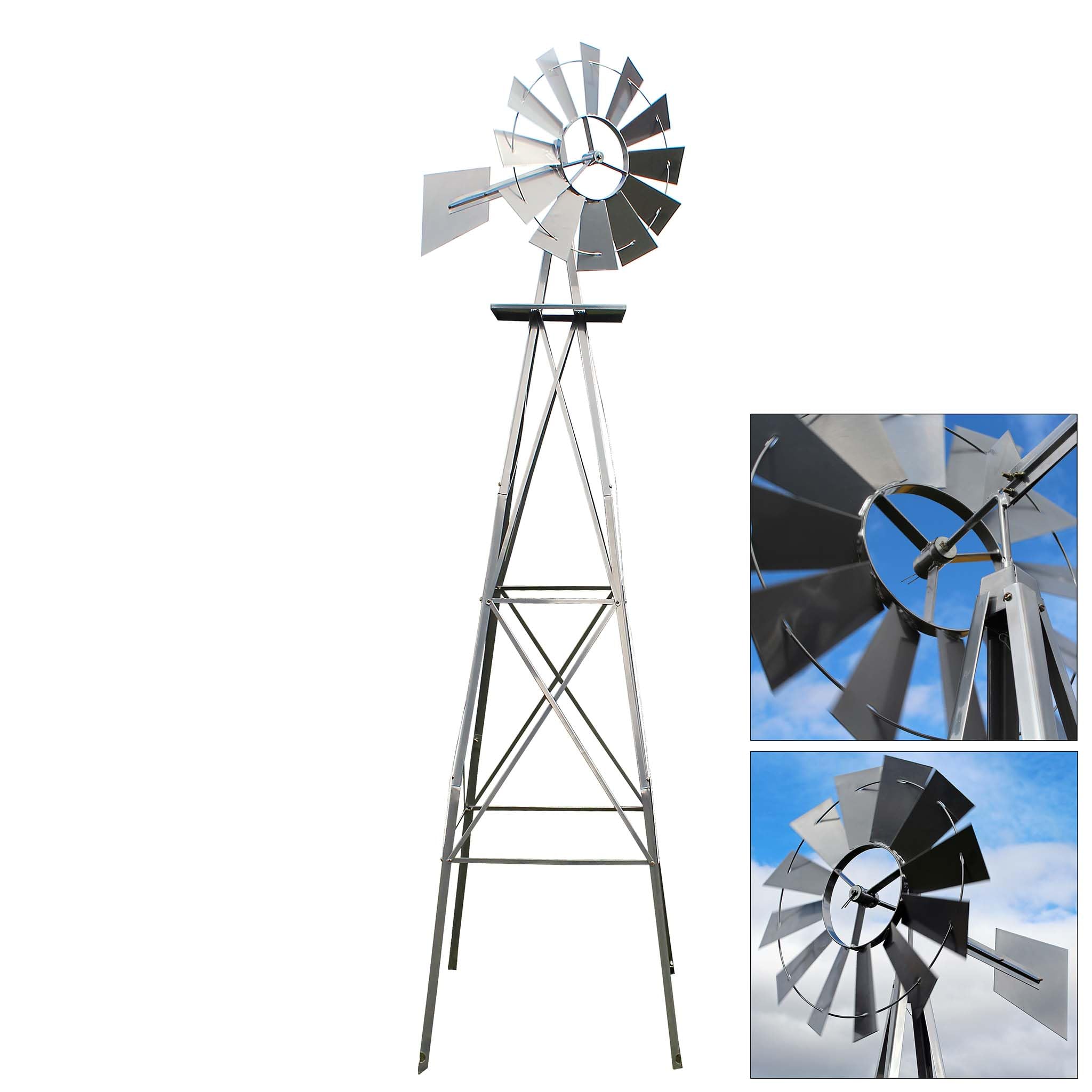 US Molino de Viento 245cm Plateado Estilo Americano, Rueda de Viento con rodamiento de Bolas