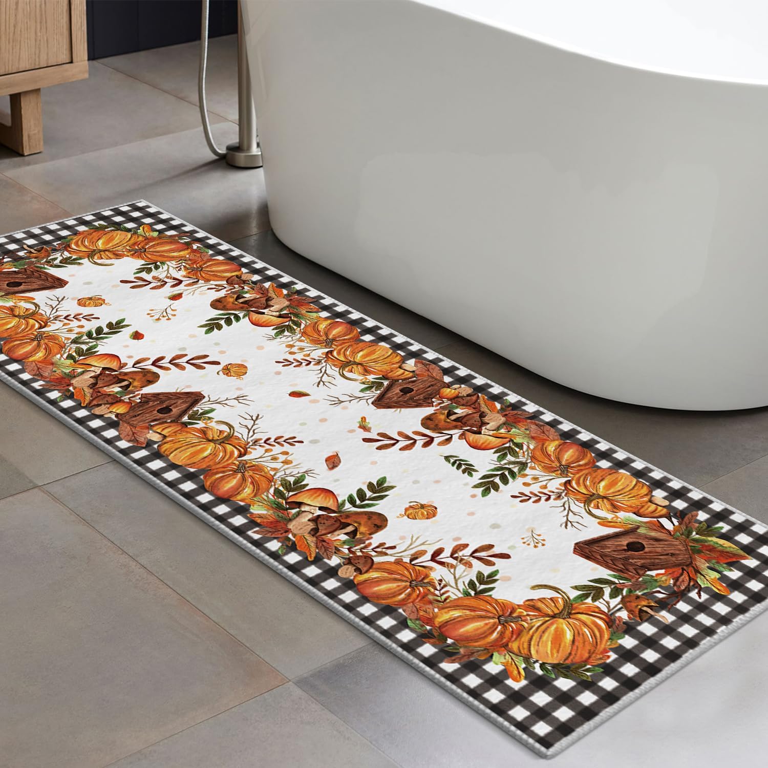 Artoid Mode Buffalo Plaid Pumpkins Mushrooms Fall Area Rug, Autumn Thanksgiving Home Decor Low-Profile Non-Slip Washable Runner Rug for Entryway Bedroom Living Room Laundry Room Indoor 2x6 Feet