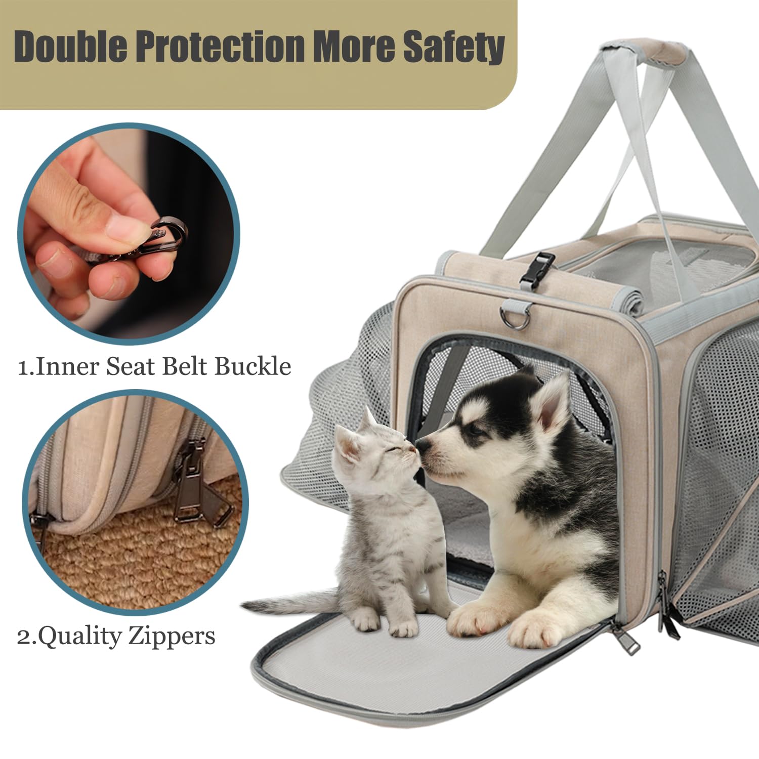 Khaki Dog Carrier Airline Approved,Small Puppy Bag Cats Carriers Soft,Softsides Expandable,Rabbit Bunny Pets Travel Carriers Small Animals Outdoor Carry Kennel