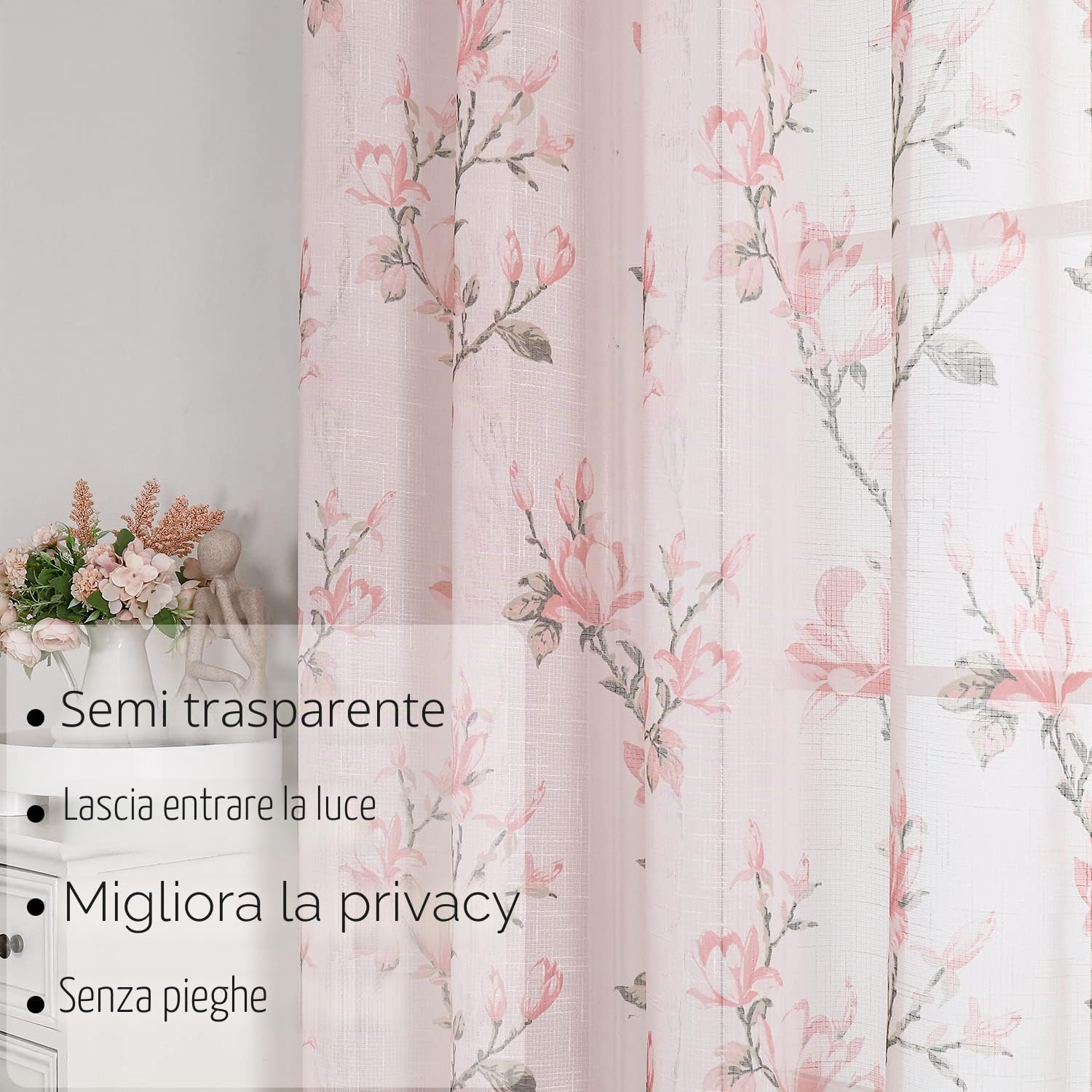 SMILE WEAVER Tende velate rosa cipria, lunghezza 160 cm, per soggiorno, con motivo floreale, in voile di lino testurizzato, con tasca per asta, per camera da letto/cucina, 2 pannelli