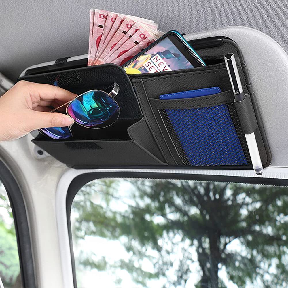 Car Sun Visor Organizer, Auto Interior Accessories Pocket Organizer Storage Pouch Holder for Car Truck SUV with Multi-Pocket Net Zipper Case Bag for Card License Registration Document Pen Key, Black