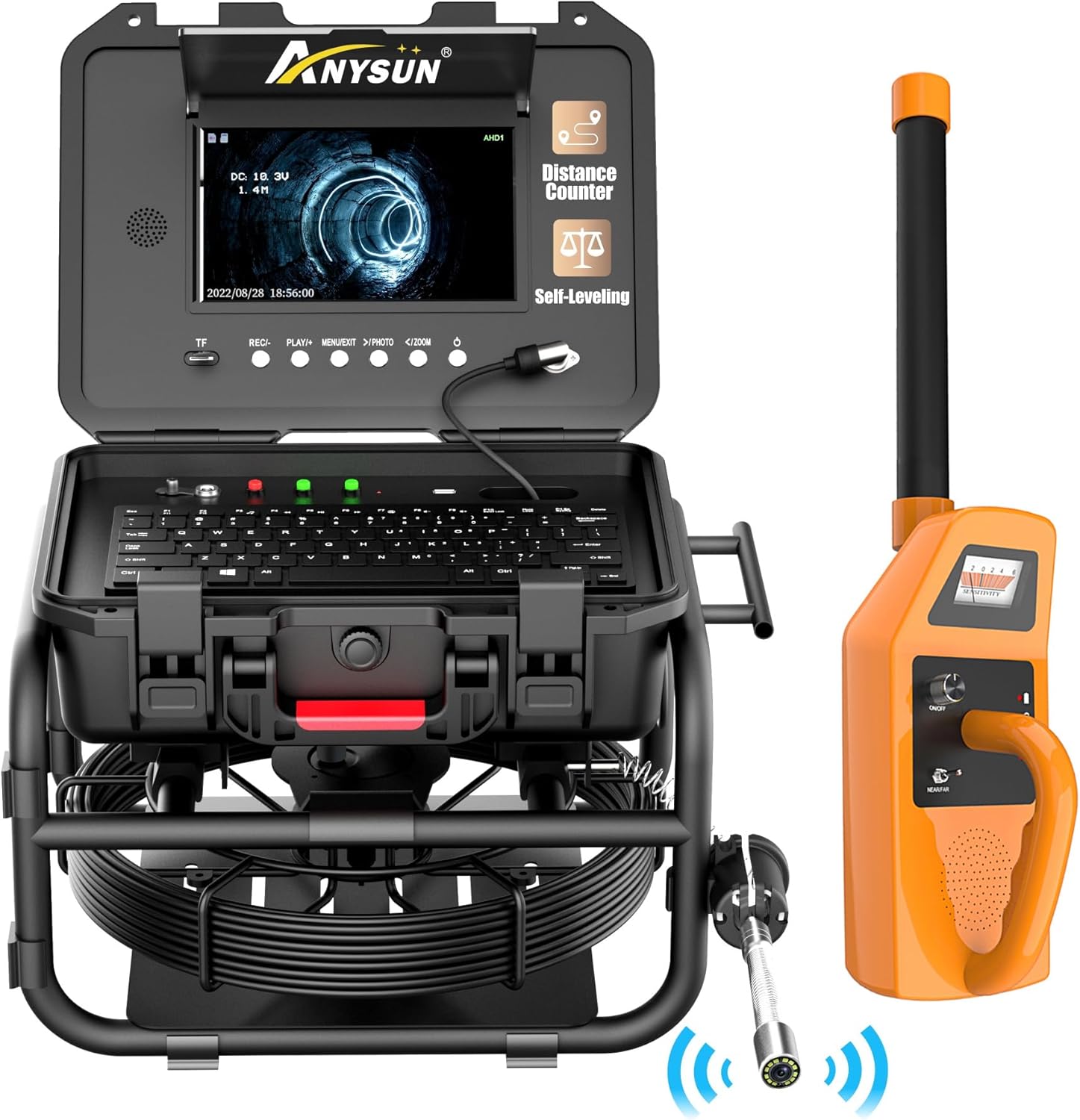 Anysun Sewer Camera with Locator Self-Leveling Meter Counter, Built-in Microphone & Speaker, 1080P 9" IPS Monitor, IP68 Waterproof Sewer Camera with DVR, 165Ft Harder Cable(16GB TF Card)