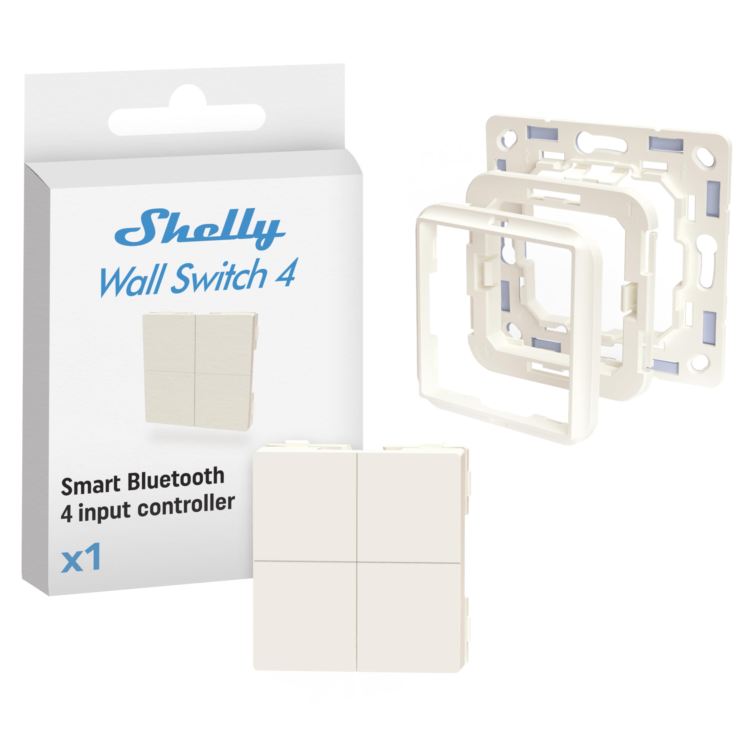 Shelly Bundle of Shelly BLU Wall Switch 4 Bluetooth Schalter, keine Verkabelung erforderlich, Beleuchtungsfernsteuerung,kompatibel mit Home Assistant + Shelly Wall Switch Adapter Busch-Jaeger
