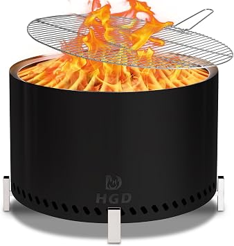 HGD 28 Inch Smokeless Firepit with Stand & Grill Rack, Large Stainless Steel Fire Pit, Wood Burning Firepit for Patio Garden Picnic Black