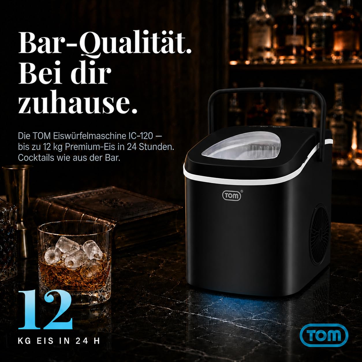 TOM Eiswürfelmaschine – 9 Eiswürfel in 6-8 min – 12 kg/24 h – 2 Würfelgrößen – Ice maker Eiswürfelmacher mit 1,3 l Wassertank – LED-Display – Inkl. Zubehör & Eiszange als Geschenk – Eiswürfelmaschine