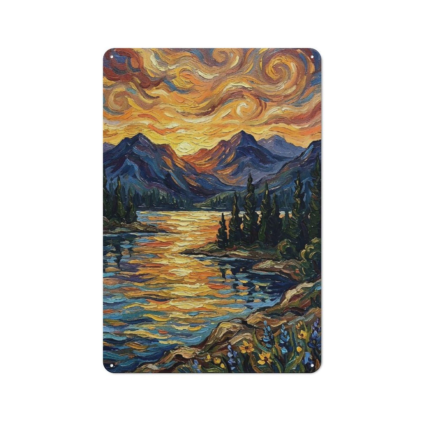 Junmoney Style-19 Impressionistic Mountain Lake At Sunset Painting Retro Metal Wall Decor 30X20cm, Tin Wall Sign For Coffee Bar, Small Shop Or Dining Room