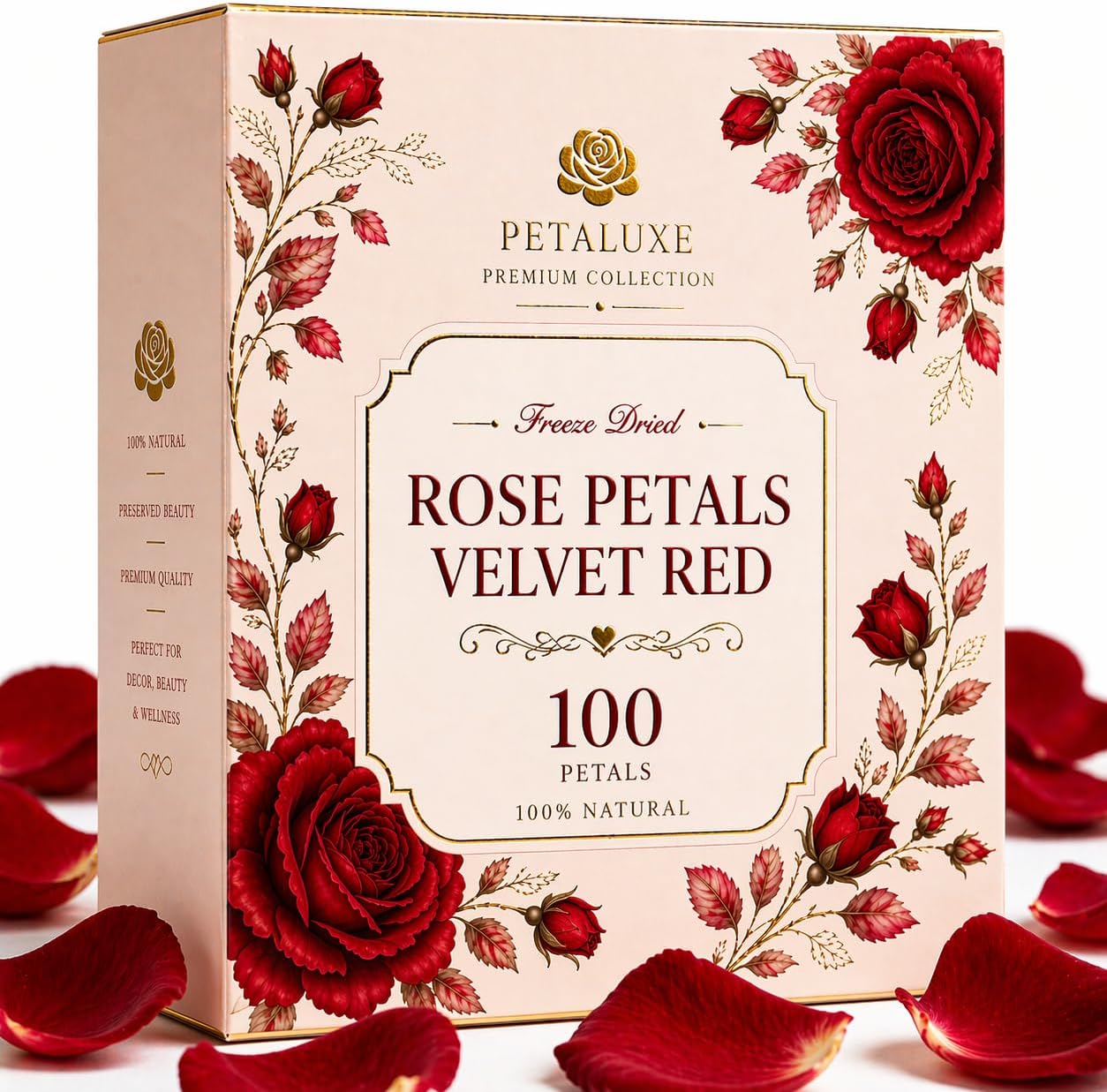 Petaluxe Freeze Dried Rose Petals, Velvet Red, 100 Count, 100% Natural, for Decor, Beauty & Wellness