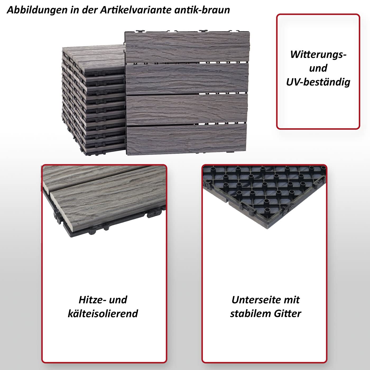 Mendler WPC Bodenfliese HWC-E19 je 4X 50x50cm = 1qm - Dunkelbraun | Holzoptik, Balkon/Terrasse, 3D-Struktur, linear