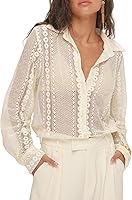 Faretumiya Women's Long Sleeve Floral Lace Blouse - Sheer V-Neck Button-Down Shirt, Y2K Embroidered Mesh Top