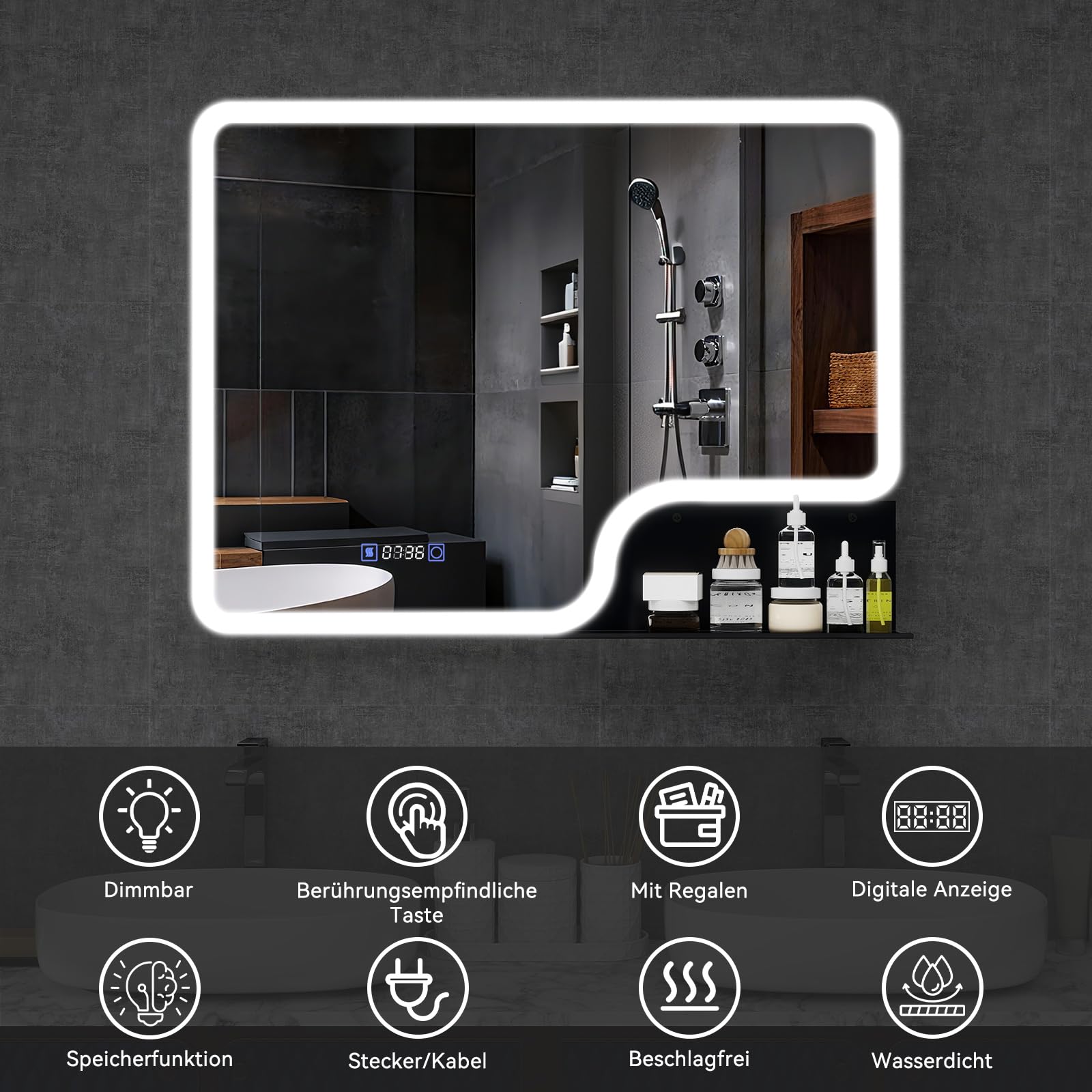 YOURLITE LED Badspiegel mit Beleuchtung und Ablage 80x60cm,Bad Spiegel Badezimmerspiegel Uhr,Wandspiegel mit Beschlagfrei,Touch-Schalter,3 Lichtfarben Dimmbar,Speicherfunktion