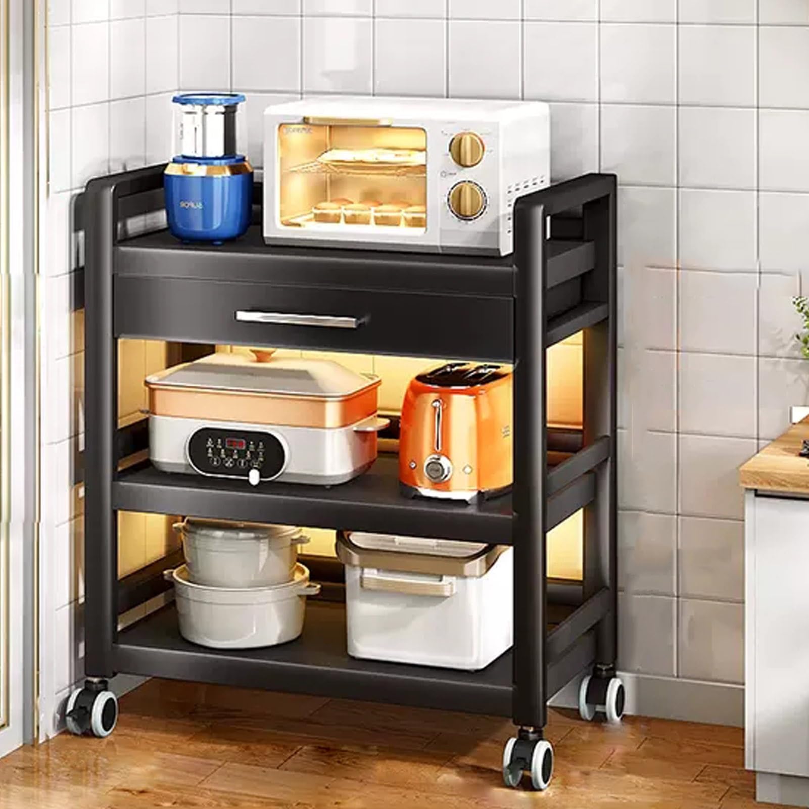 Support de micro-ondes en métal meuble de rangement sur roulettes avec tiroir de cuisine