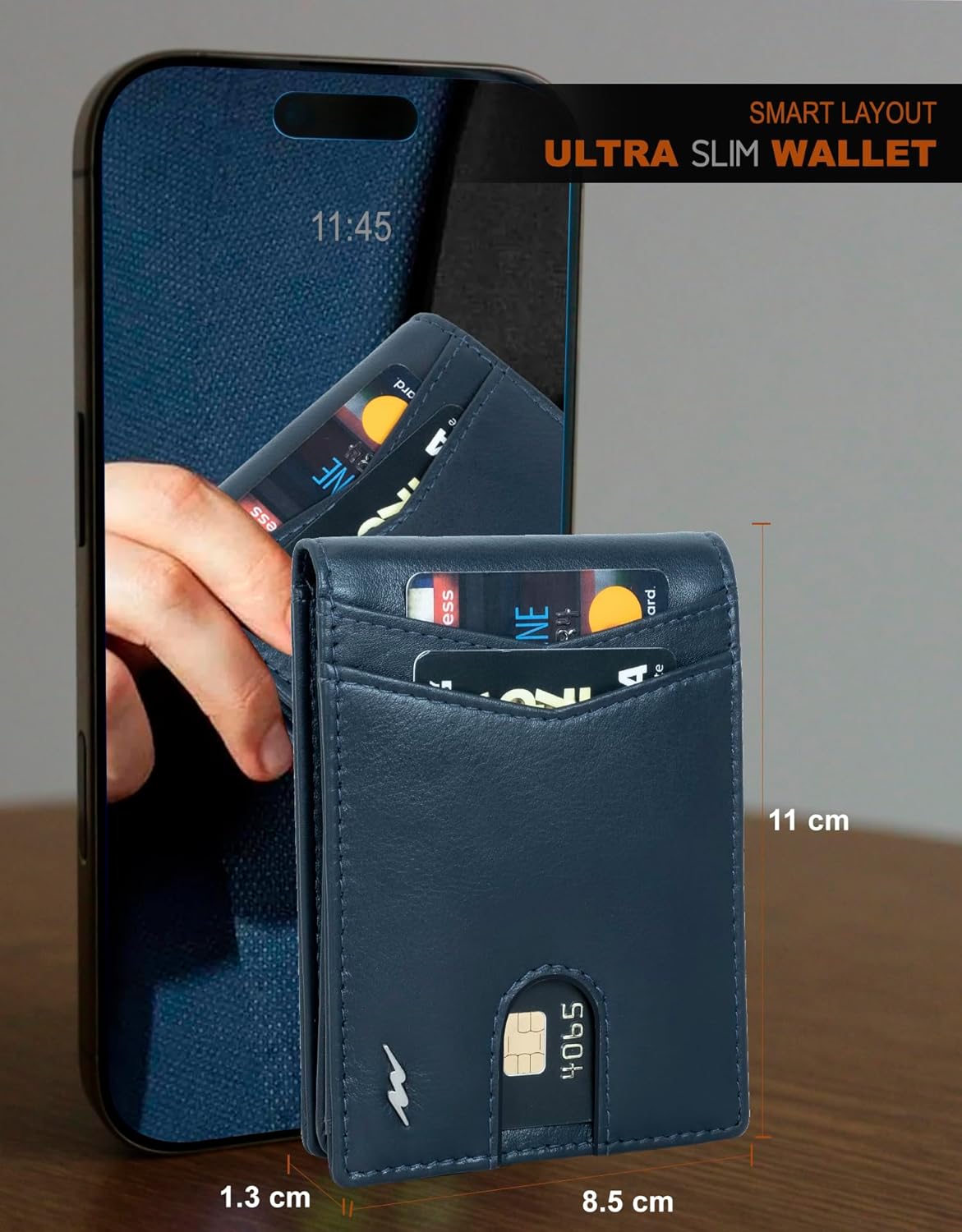 Marc Peter Wallet for Men Slim Bifold RFID Blocking with 2 ID Window up to 14 cards Minimalist Front Pocket Full Grain Leather Wallet and Gift Box Nappa Navy - Image 5
