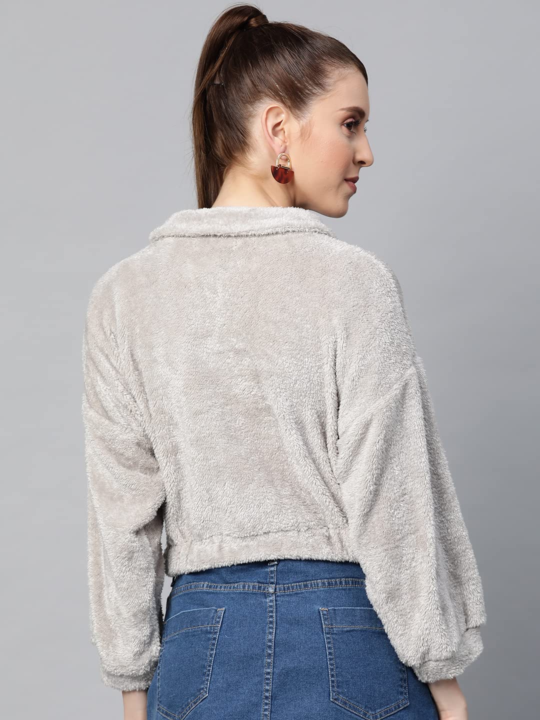 SASSAFRAS Grey Zip Front Faux Fur Crop Sweatshirt 1